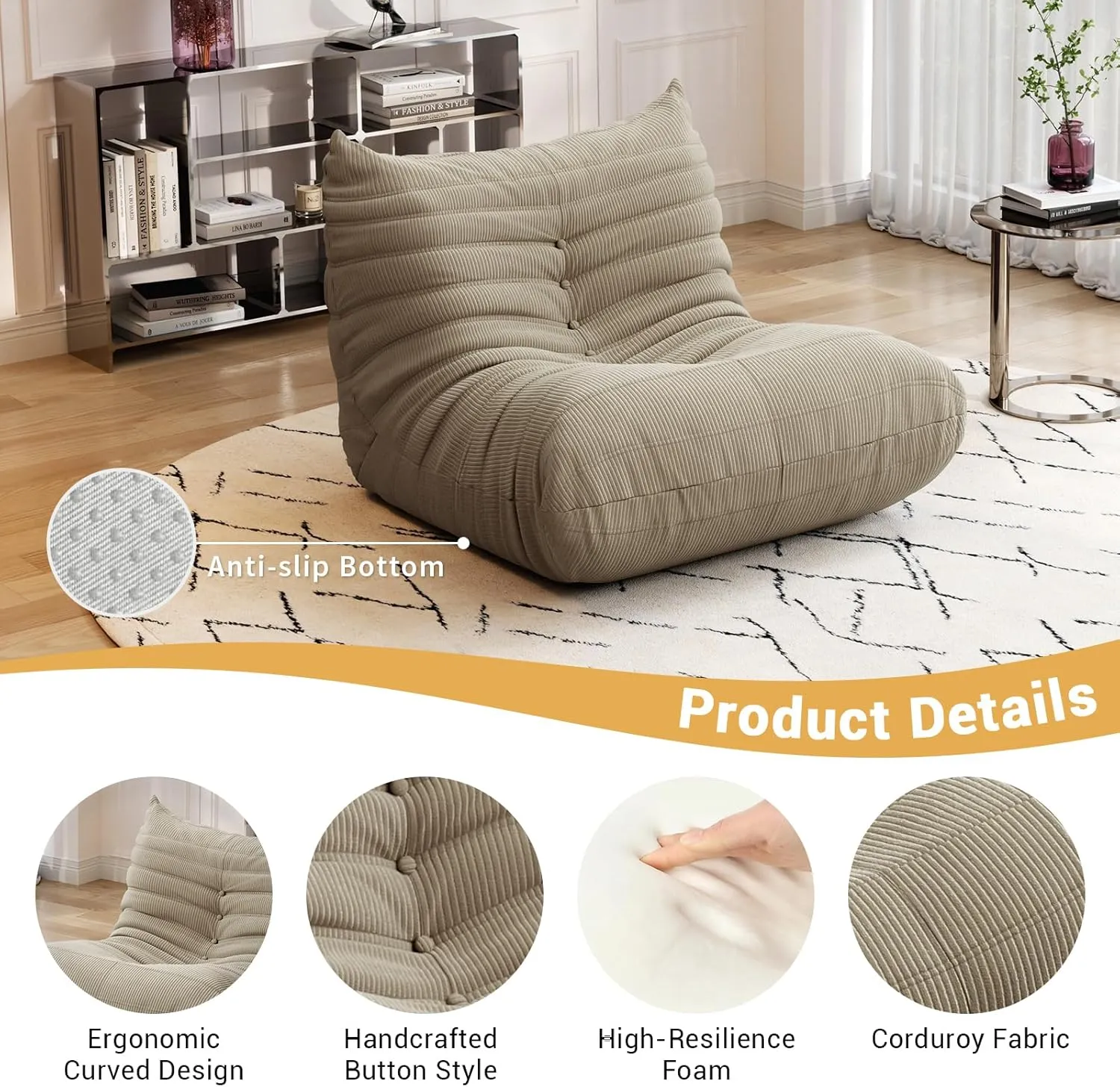 Fireside Chair Bean Bag Chair for Adults, Cozy Memory Foam Caterpillar Sofa Couch, Corner Relax Recliner Sofa, Armless Lazy Floor Sofa Couch Lounger Tatami Sofa for Living Room Bedroom Dorm Office