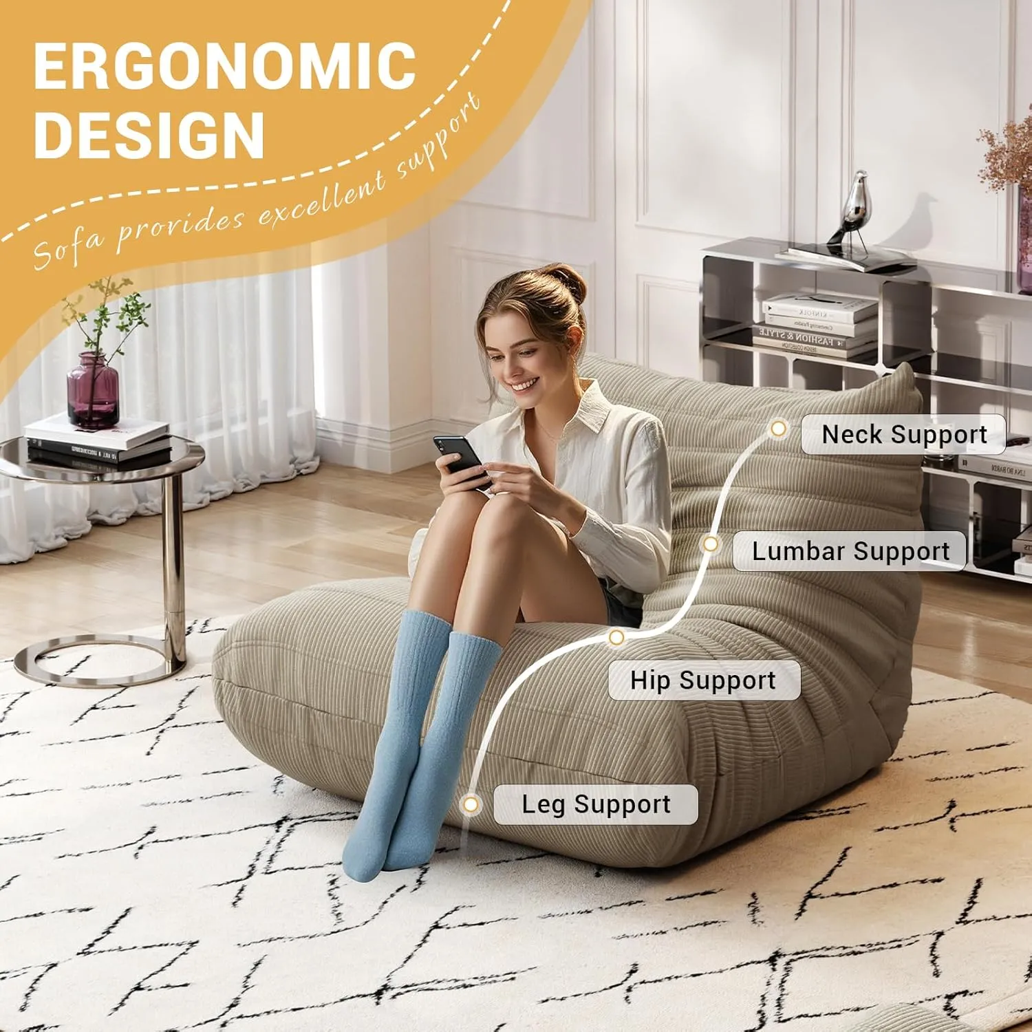 Fireside Chair Bean Bag Chair for Adults, Cozy Memory Foam Caterpillar Sofa Couch, Corner Relax Recliner Sofa, Armless Lazy Floor Sofa Couch Lounger Tatami Sofa for Living Room Bedroom Dorm Office