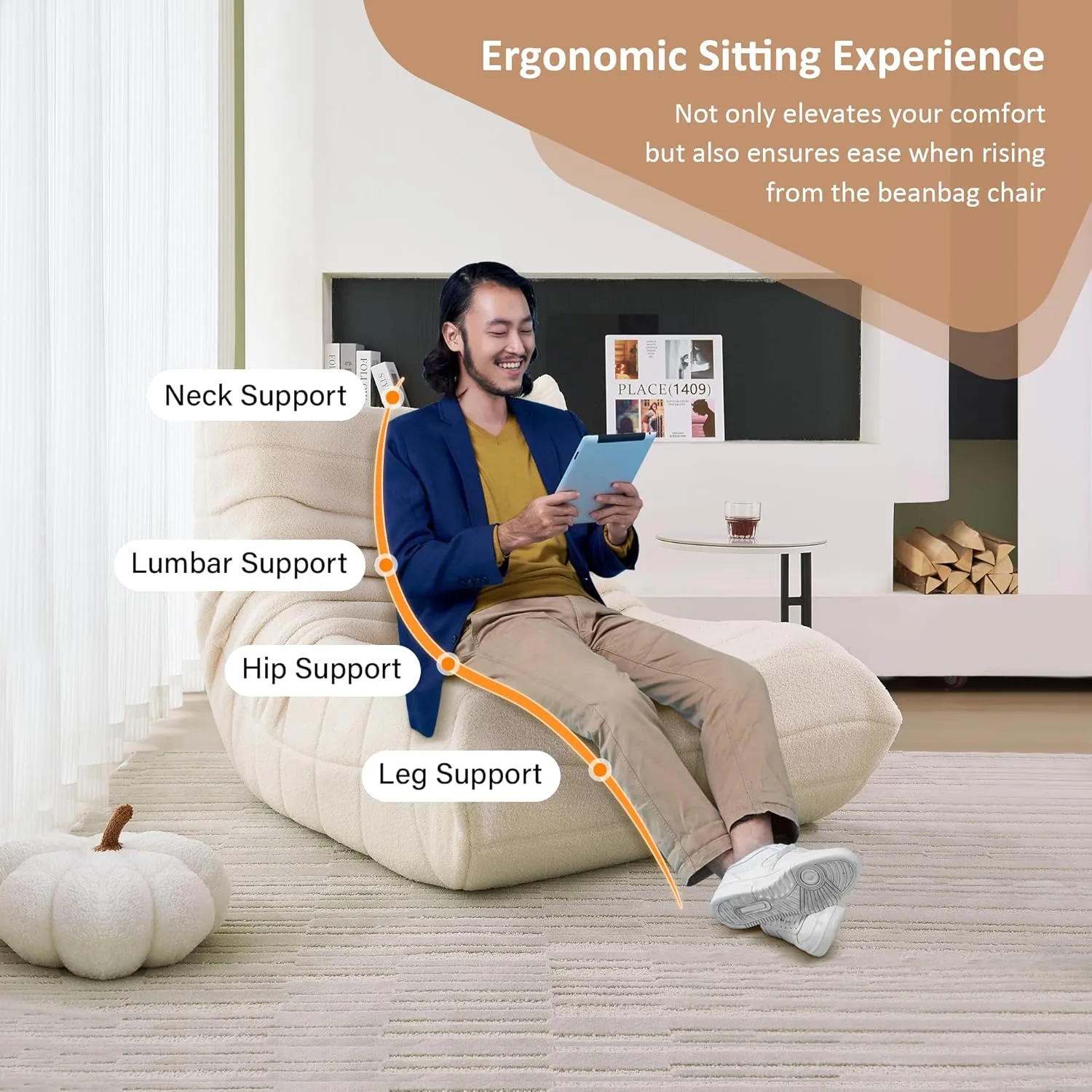 Fireside Chair, Modern Comfy Lambswool Bean Bag Chairs, Upholstered Lazy Floor Sofa Chair Relaxing Lounge Chair, Single Armless Lazy Corner Chair for Living Room, Bedroom, Office, Beige