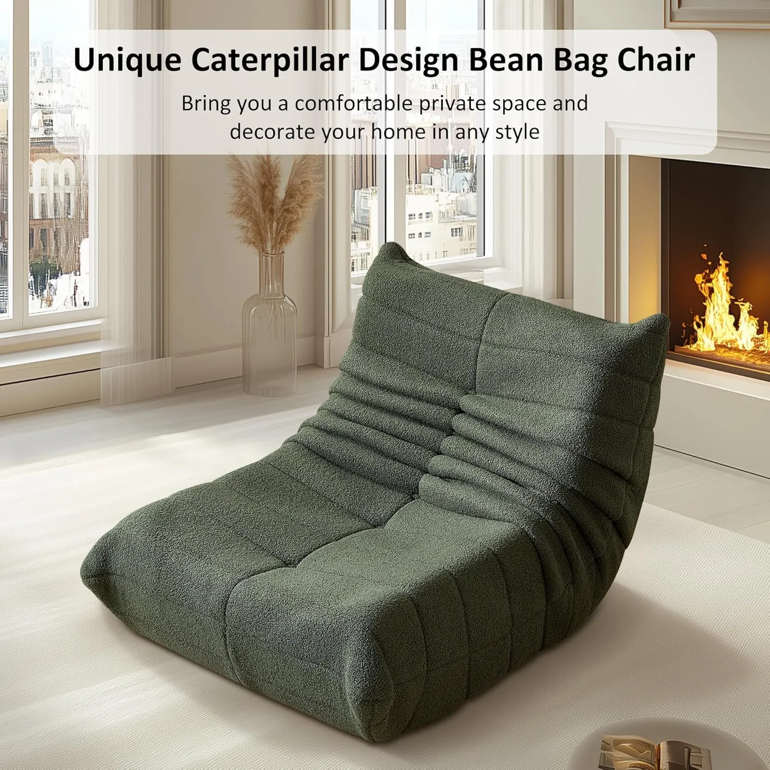Fireside Chair, Modern Comfy Lambswool Bean Bag Chairs, Upholstered Lazy Floor Sofa Chair Relaxing Lounge Chair, Single Armless Lazy Corner Chair for Living Room, Bedroom, Office, Green
