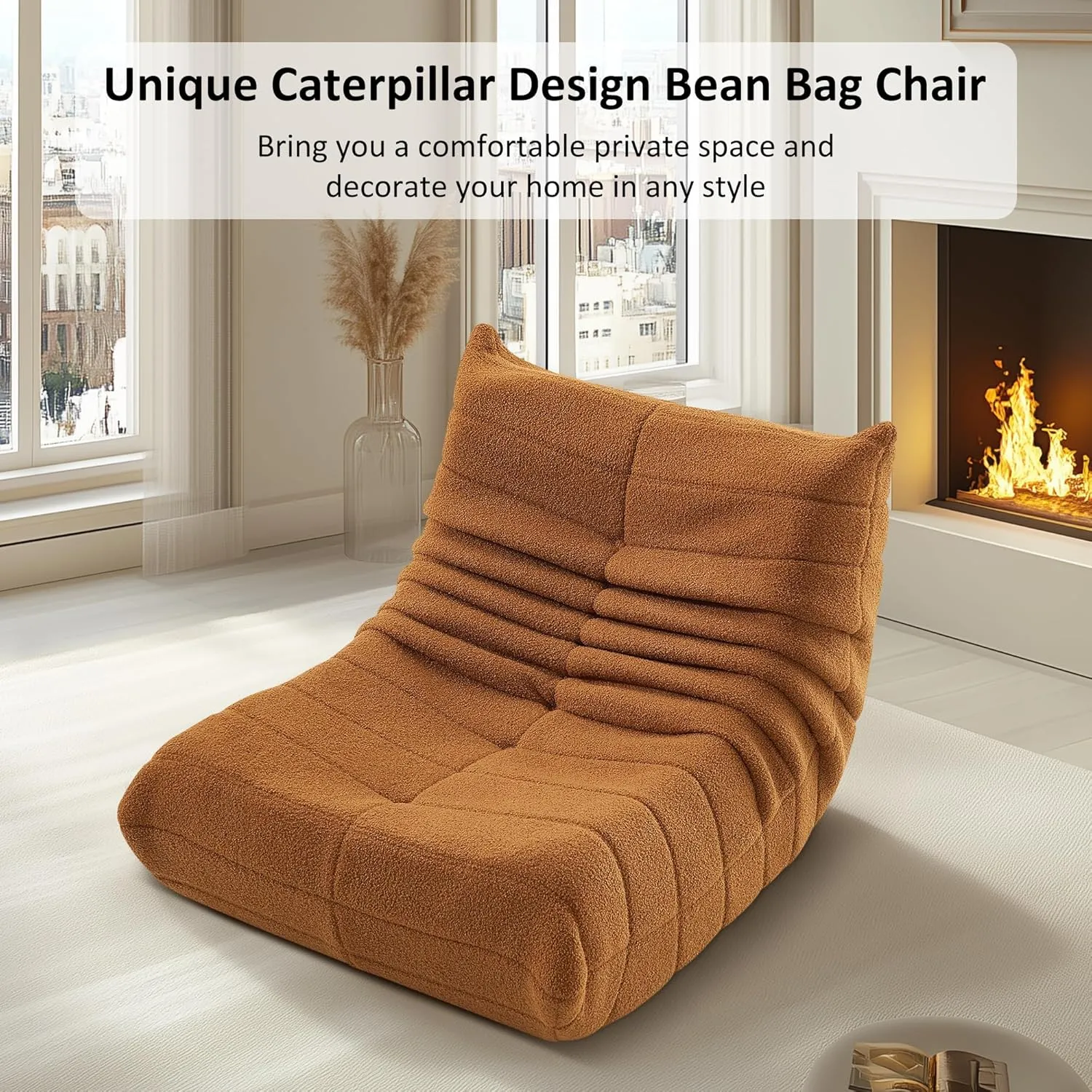 Fireside Chair, Modern Comfy Lambswool Bean Bag Chairs, Upholstered Lazy Floor Sofa Chair Relaxing Lounge Chair, Single Armless Lazy Corner Chair for Living Room, Bedroom, Office, Orange