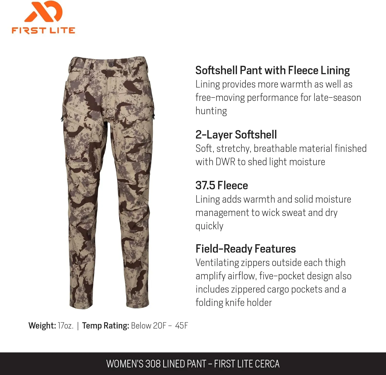 First Lite Women's 308 Lined Pant - Fleece-Lined Stretch Camo Hunting Pants with Hip Vents