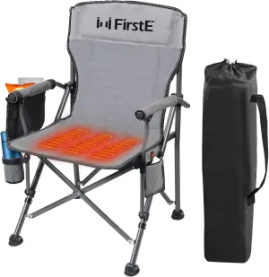 FirstE Heated Camping Chair - Heavy Duty Portable Folding Heated Chair Outdoor for Sports, Beach, Picnic. Padded USB Heated Lawn Chair with Armrest, Cup Holder, Pockets (Battery Pack NOT Included)