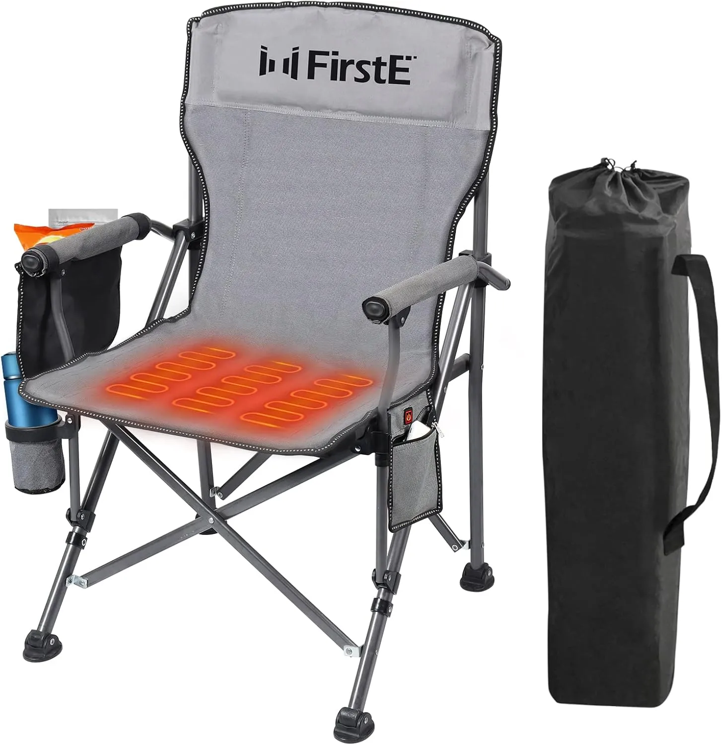 FirstE Heated Camping Chair - Heavy Duty Portable Folding Heated Chair Outdoor for Sports, Beach, Picnic. Padded USB Heated Lawn Chair with Armrest, Cup Holder, Pockets (Battery Pack NOT Included)