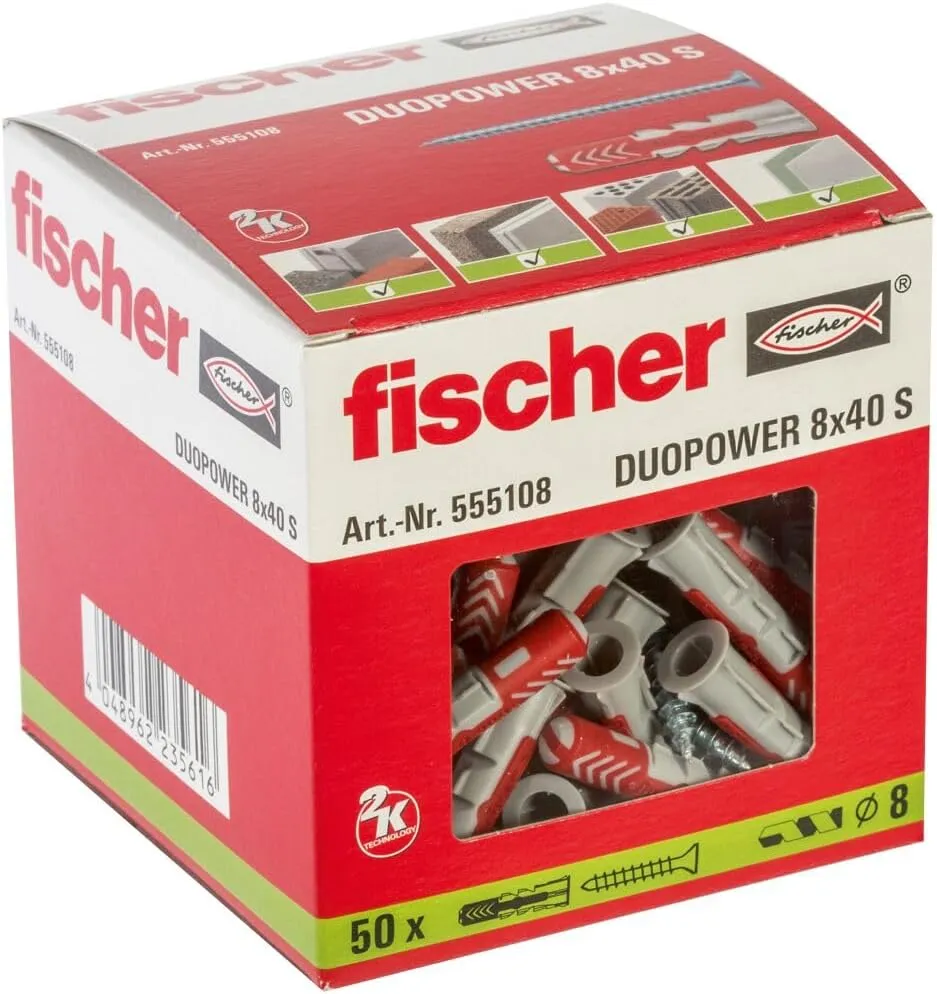 fischer DuoPower S, 50 Plugs&50 Screws Metric Version Powerful Universal Plug with Intelligent 2-Component Technology for Fastenings in Concrete, Bricks, Drywall, Chipboard (50, 5/16"x1-5/8" (8x40mm))
