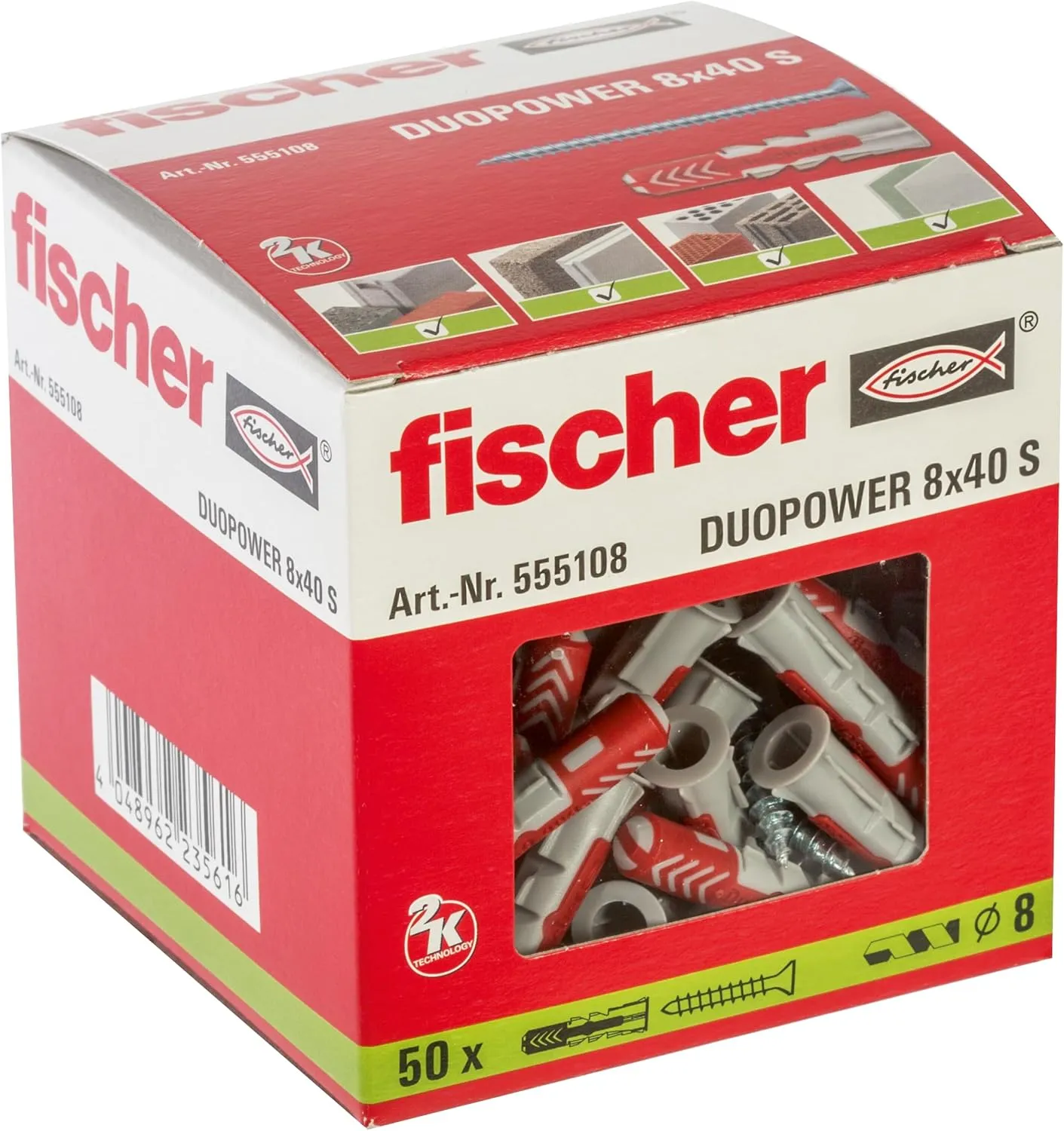 fischer DuoPower S, 50 Plugs&50 Screws Metric Version Powerful Universal Plug with Intelligent 2-Component Technology for Fastenings in Concrete, Bricks, Drywall, Chipboard (50, 5/16"x1-5/8" (8x40mm))