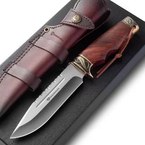 Fixed Blade Hunting Knife with Horizontal Leather Sheath YU-LN, 10.63" Bushcraft Knife for Men with Wood Handle, Gift for Men
