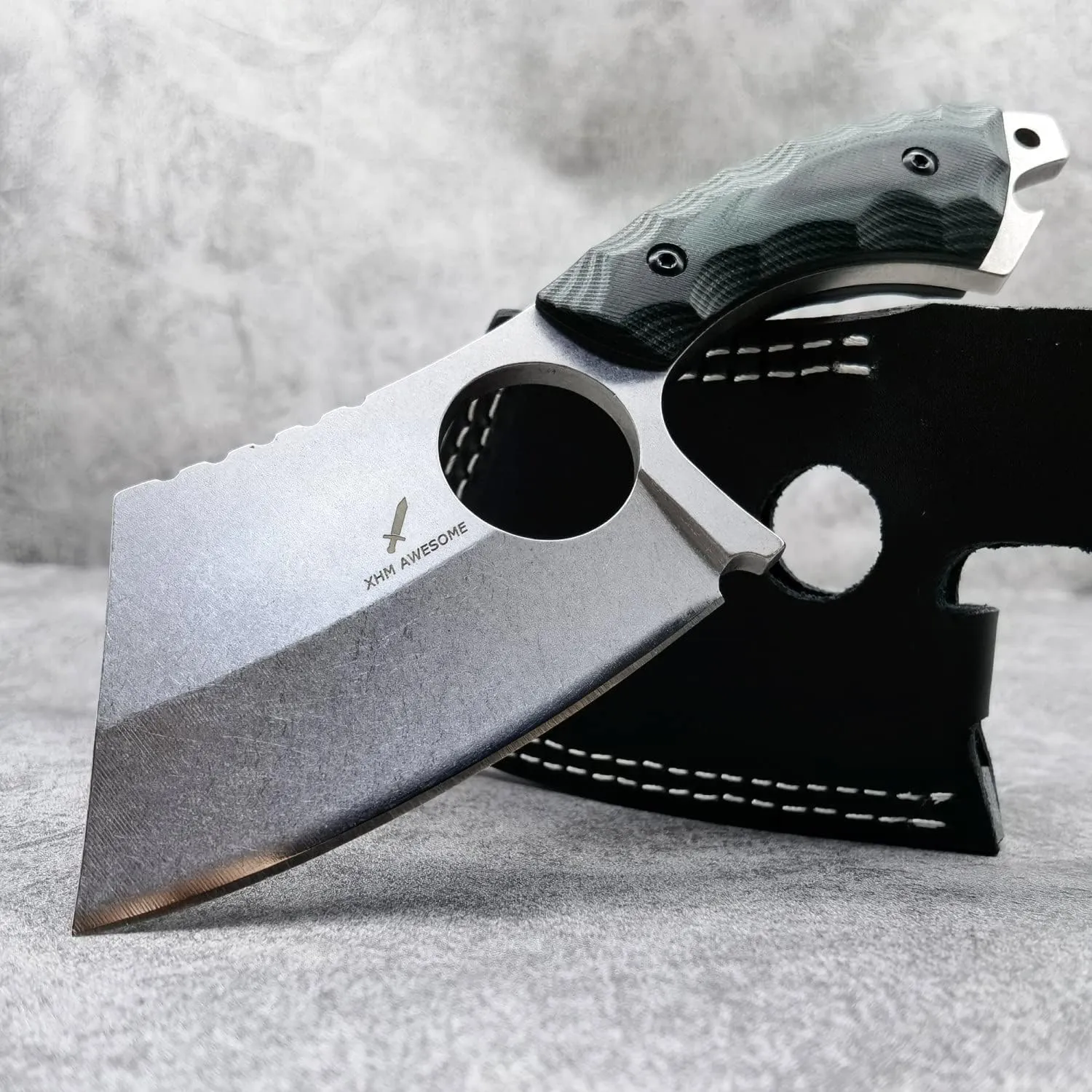 Fixed Blade Knife Heavy Duty, Full Tang Stone Wash Blade, G10 Handle, Creative Leather Sheath, for Hunting, Outdoor Survival, Camping, EDC