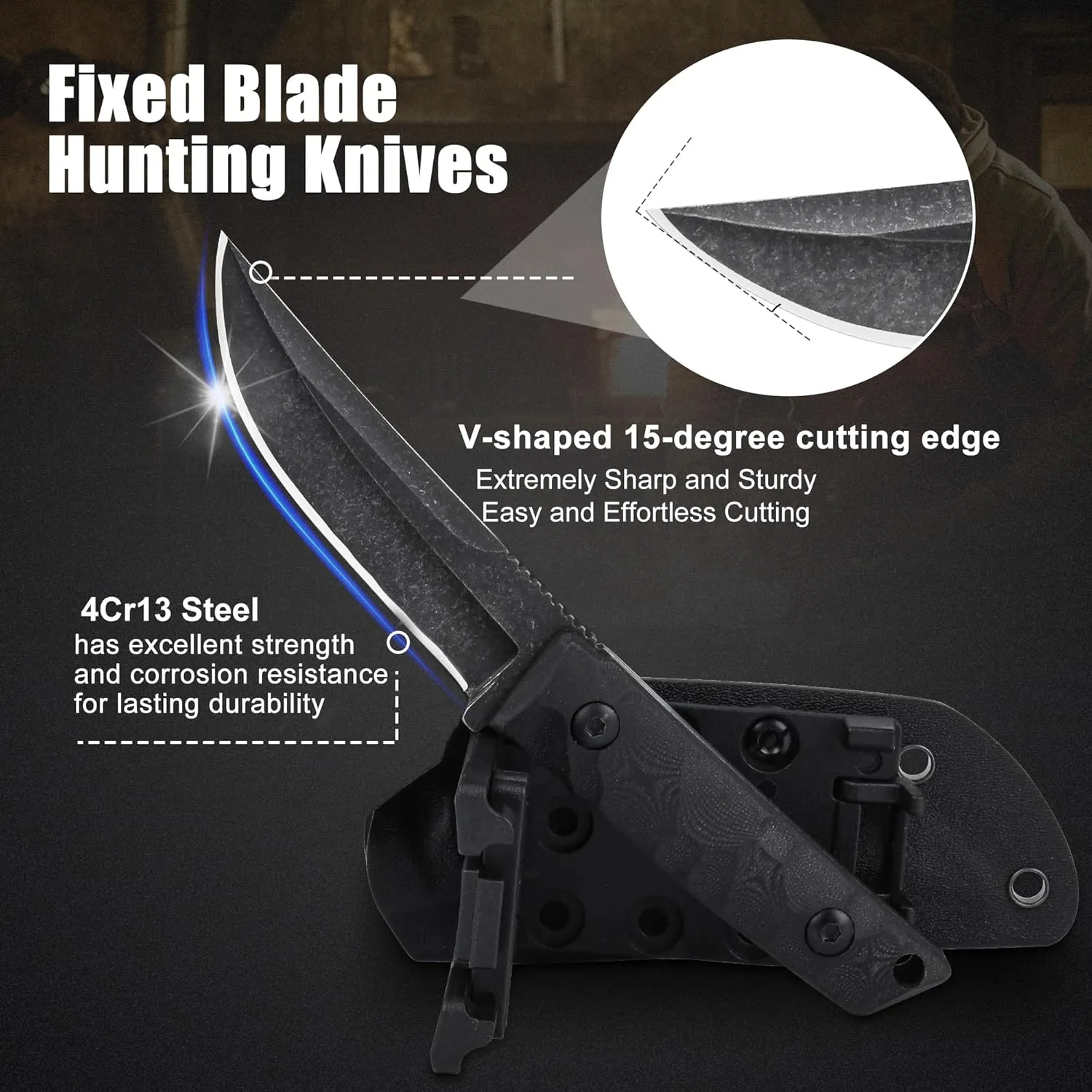 Fixed Blade Knife with Kydex Sheath, Full Tang Survival Hunting Knife 3.93in Blade Green G10 Handle for Outdoor Bushcraft Fishing Hiking Gifts for Men