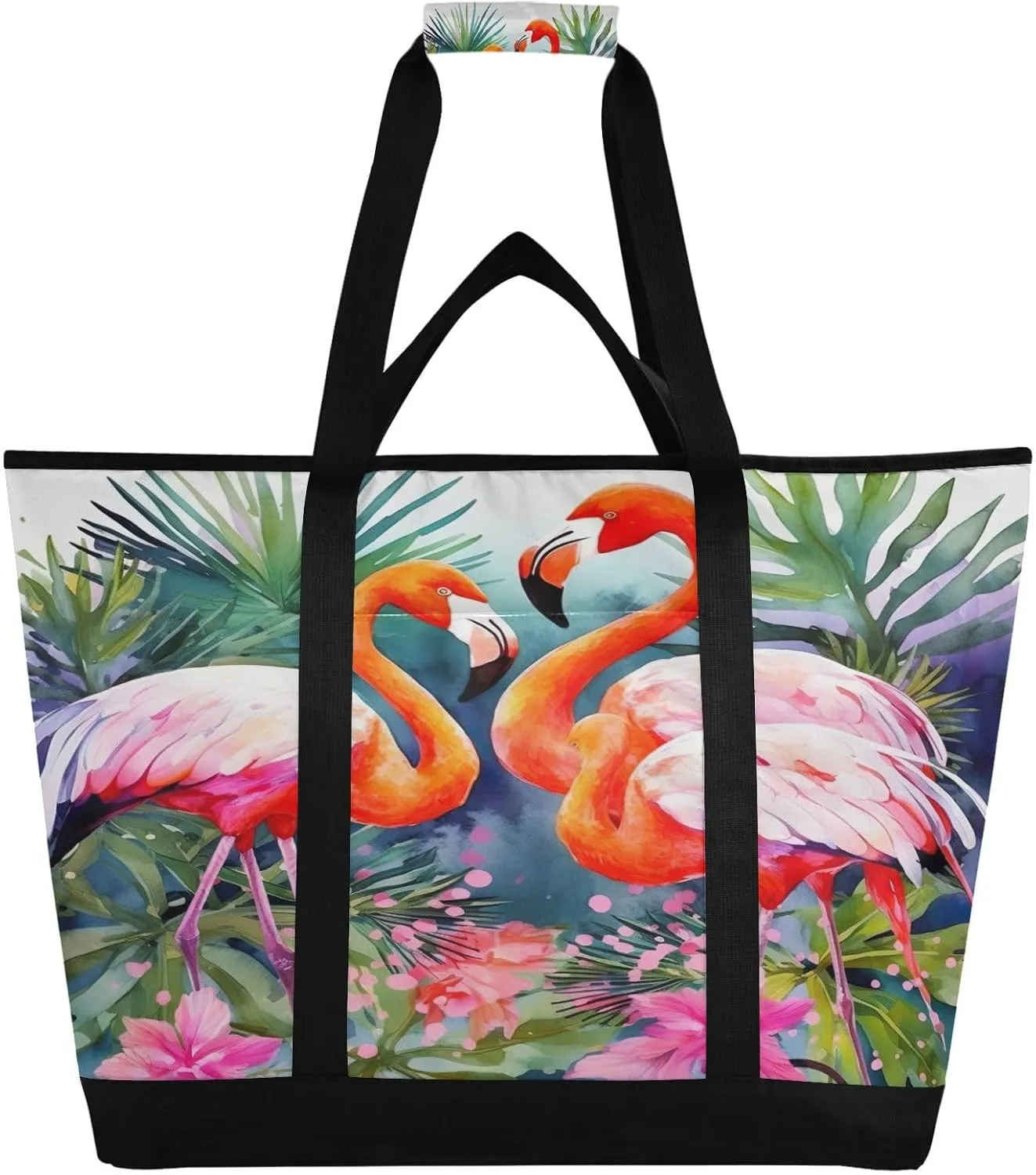 Flamingos Palm Reusable Insulated Lunchbox Cooler Bag, Leakproof Kitchen Grocery Bag Collapsible Portable Cooler Tote Bag for Picnic, Camping, Office, Travel