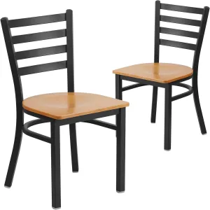 Flash Furniture 2 Pack HERCULES Series Black Ladder Back Metal Restaurant Chair - Natural Wood Seat