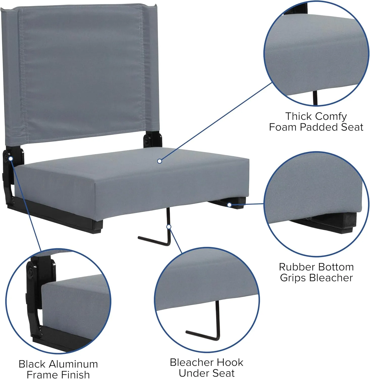 Flash Furniture Grandstand Portable Stadium Seats for Bleachers or Benches, Folding Padded Stadium Chairs with Handle, Pack of 2, 500 lb. Weight Capacity, Gray