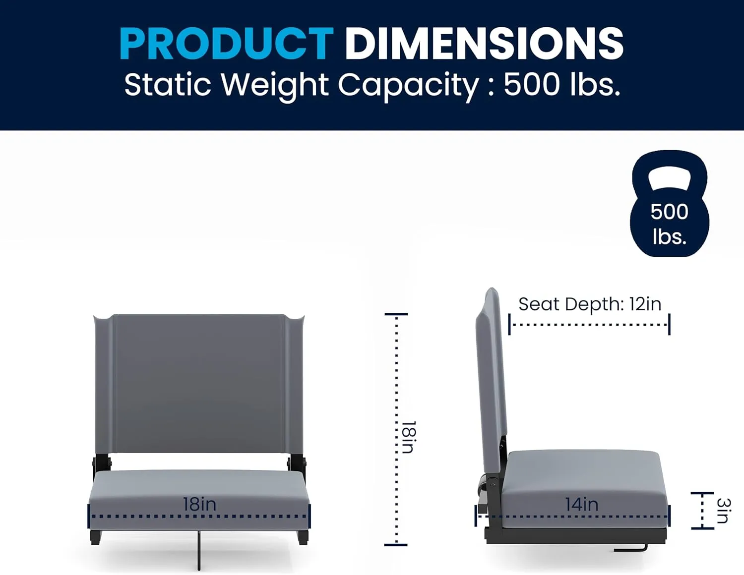 Flash Furniture Grandstand Portable Stadium Seats for Bleachers or Benches, Folding Padded Stadium Chairs with Handle, Pack of 2, 500 lb. Weight Capacity, Gray