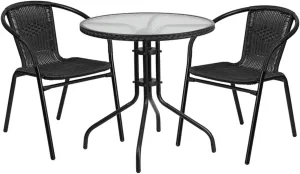 Flash Furniture Lila 28'' Round Glass Metal Table with Black Rattan Edging and 2 Black Rattan Stack Chairs