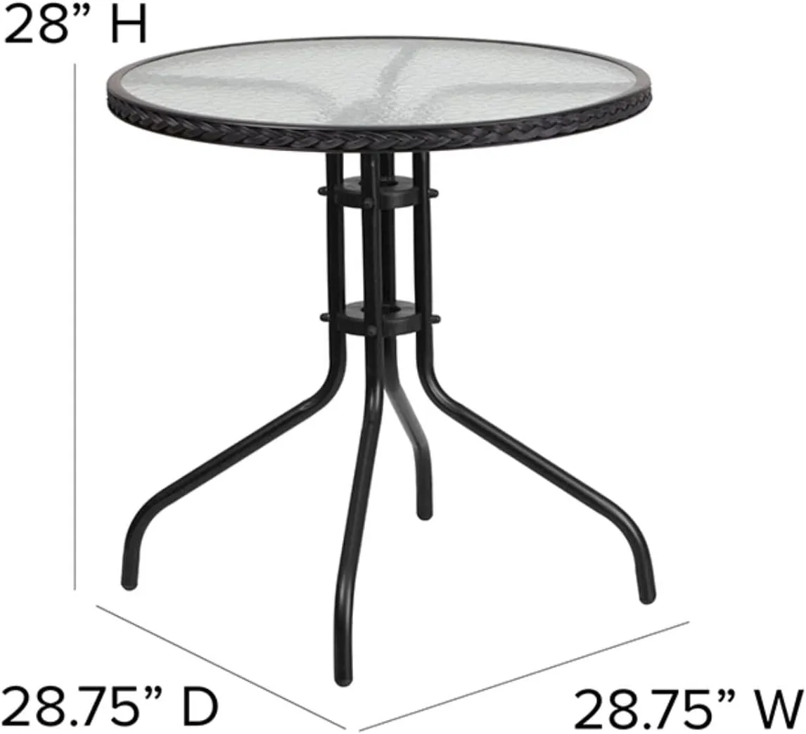Flash Furniture Lila 28'' Round Glass Metal Table with Black Rattan Edging and 2 Black Rattan Stack Chairs