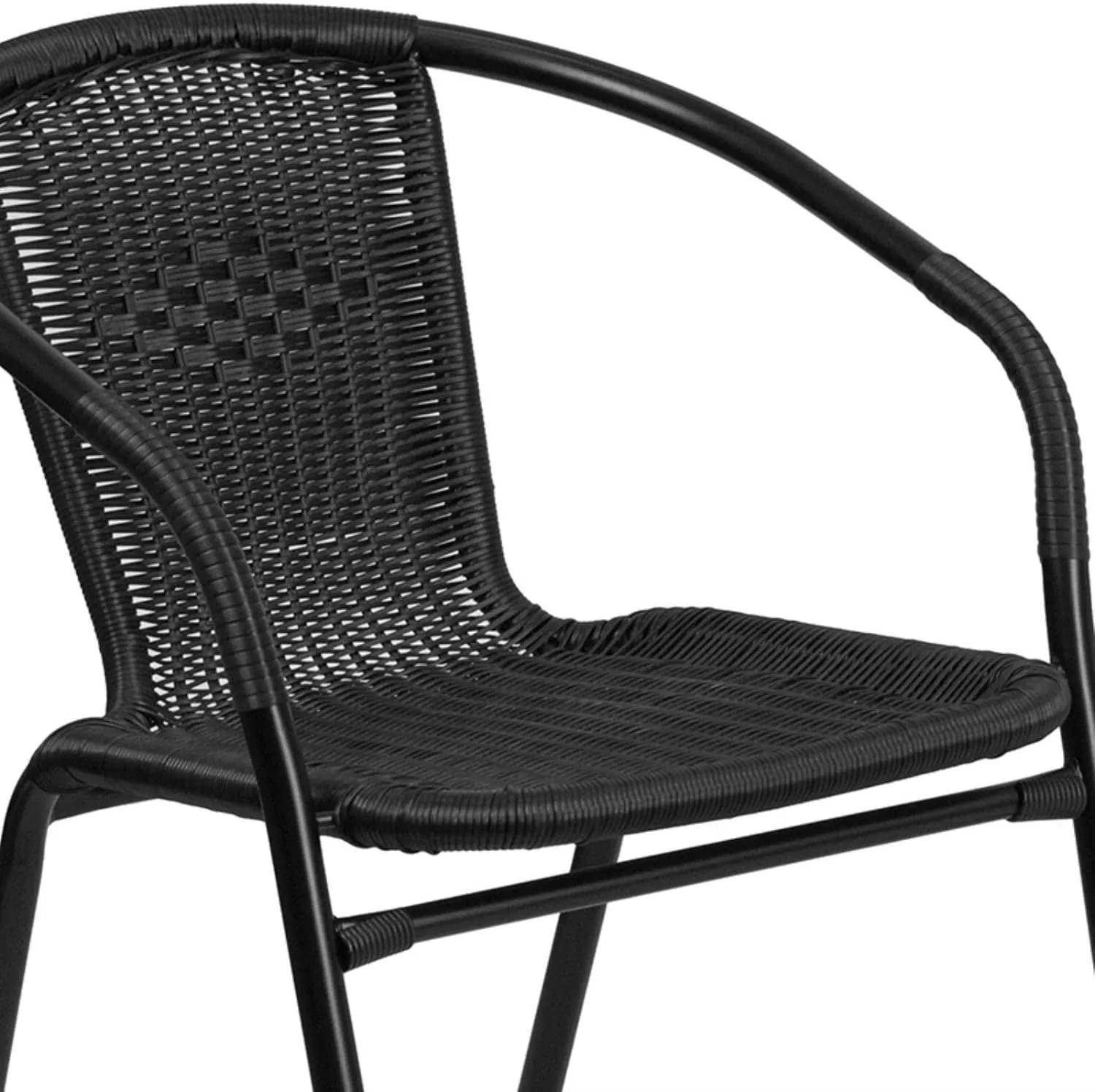 Flash Furniture Lila 28'' Round Glass Metal Table with Black Rattan Edging and 2 Black Rattan Stack Chairs