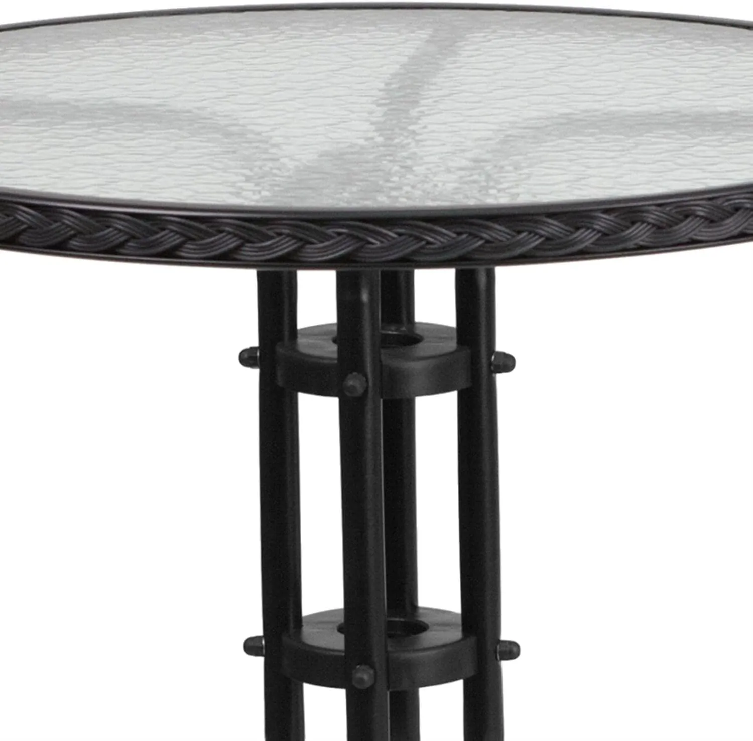 Flash Furniture Lila 28'' Round Glass Metal Table with Black Rattan Edging and 2 Black Rattan Stack Chairs