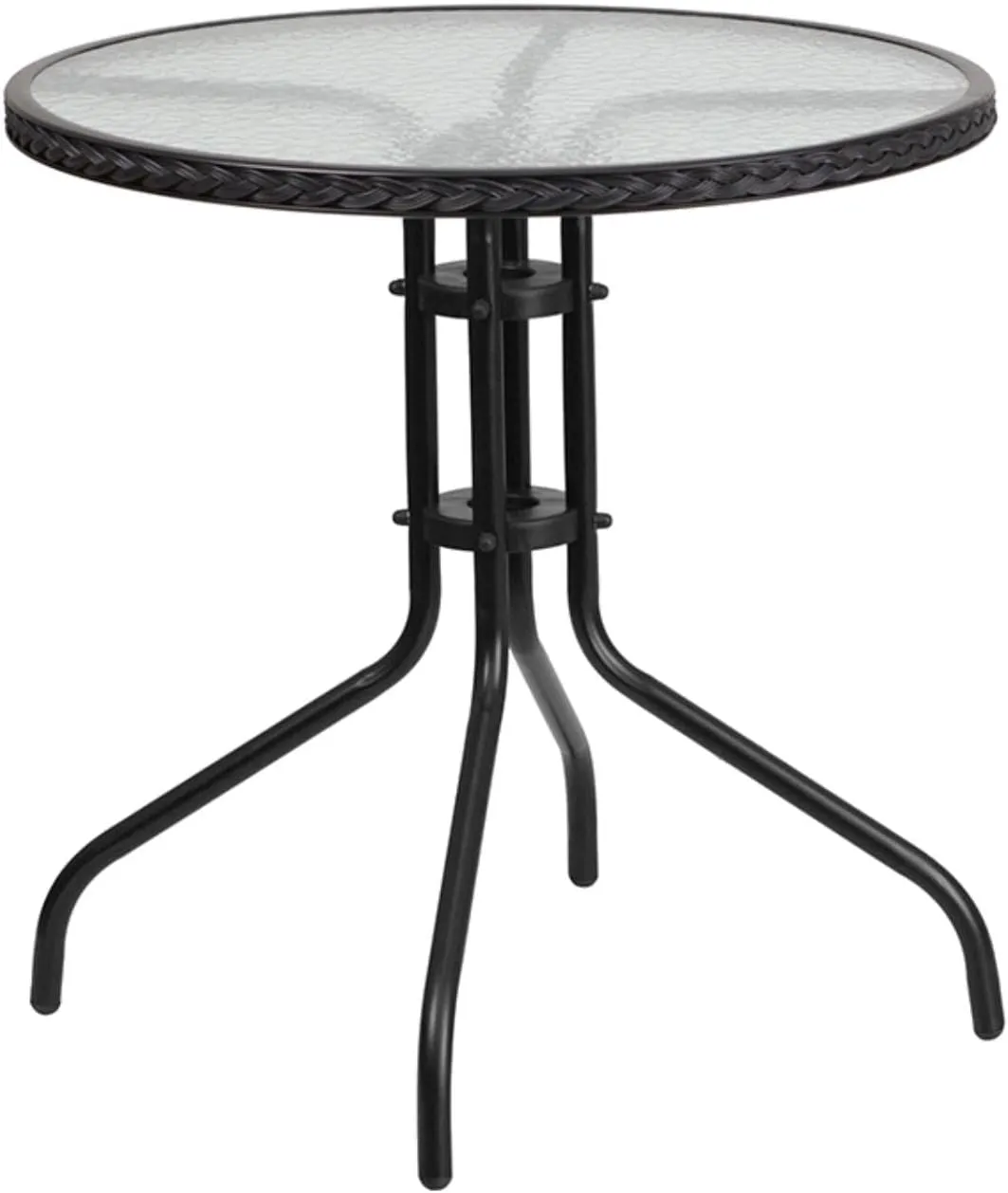 Flash Furniture Lila 28'' Round Glass Metal Table with Black Rattan Edging and 2 Black Rattan Stack Chairs