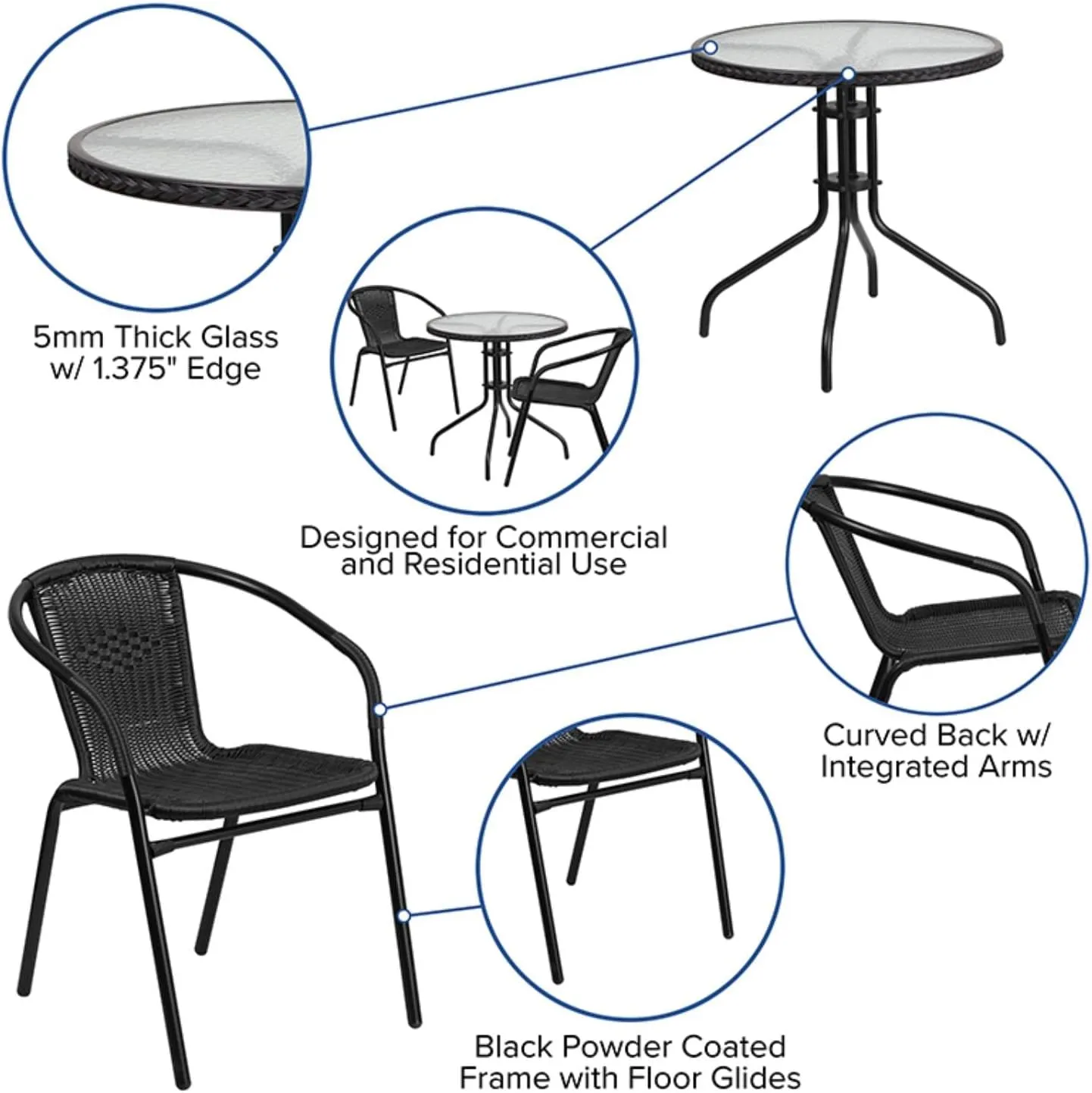 Flash Furniture Lila 28'' Round Glass Metal Table with Black Rattan Edging and 2 Black Rattan Stack Chairs