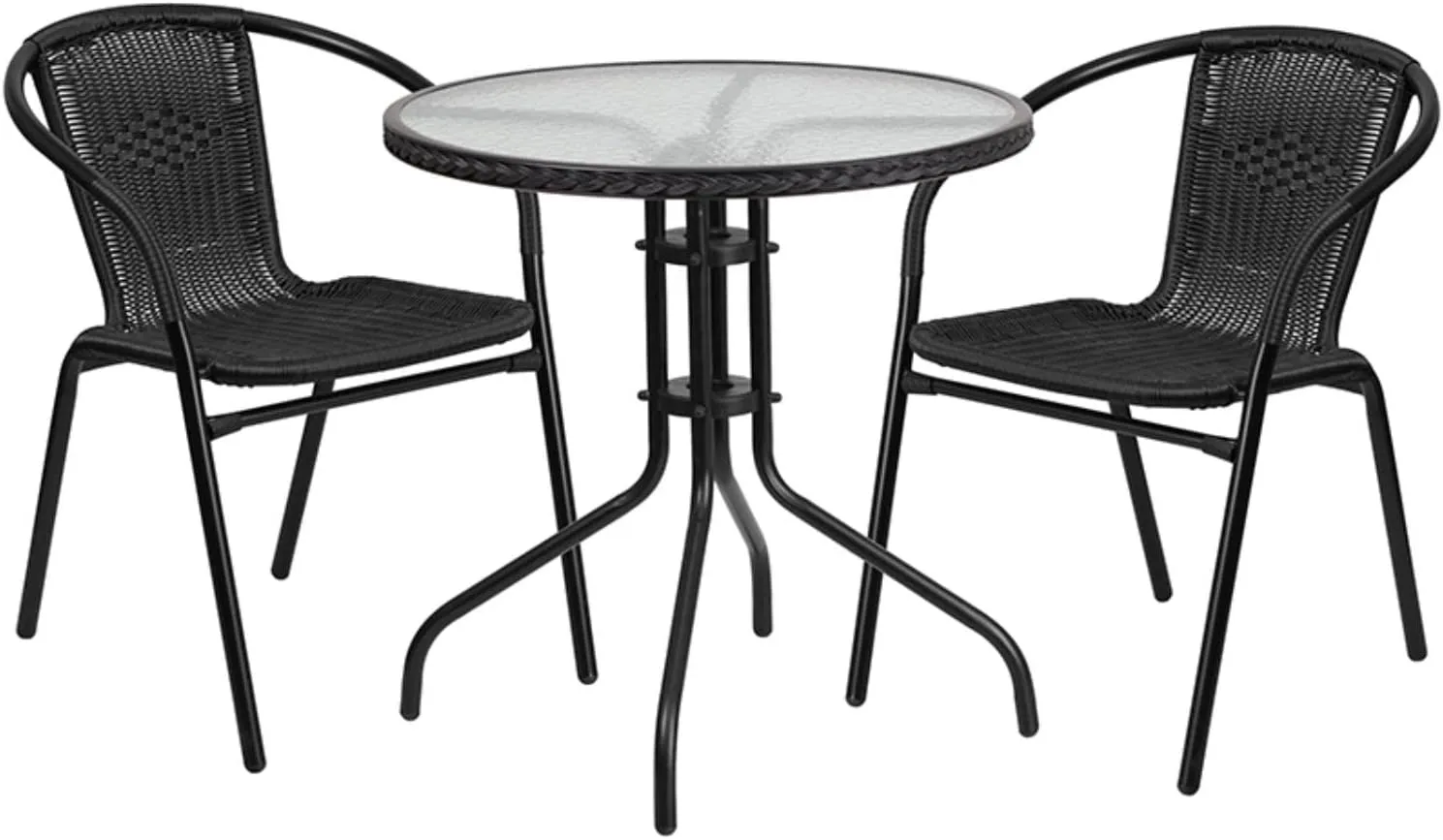 Flash Furniture Lila 28'' Round Glass Metal Table with Black Rattan Edging and 2 Black Rattan Stack Chairs