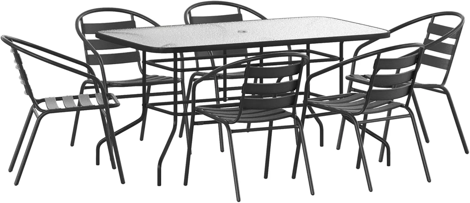 Flash Furniture Lila 7-Piece Glass Patio Table and Chairs Set, Outdoor Patio Dining Set with Rectangular Table and 6 Slat Back Patio Chairs, Black