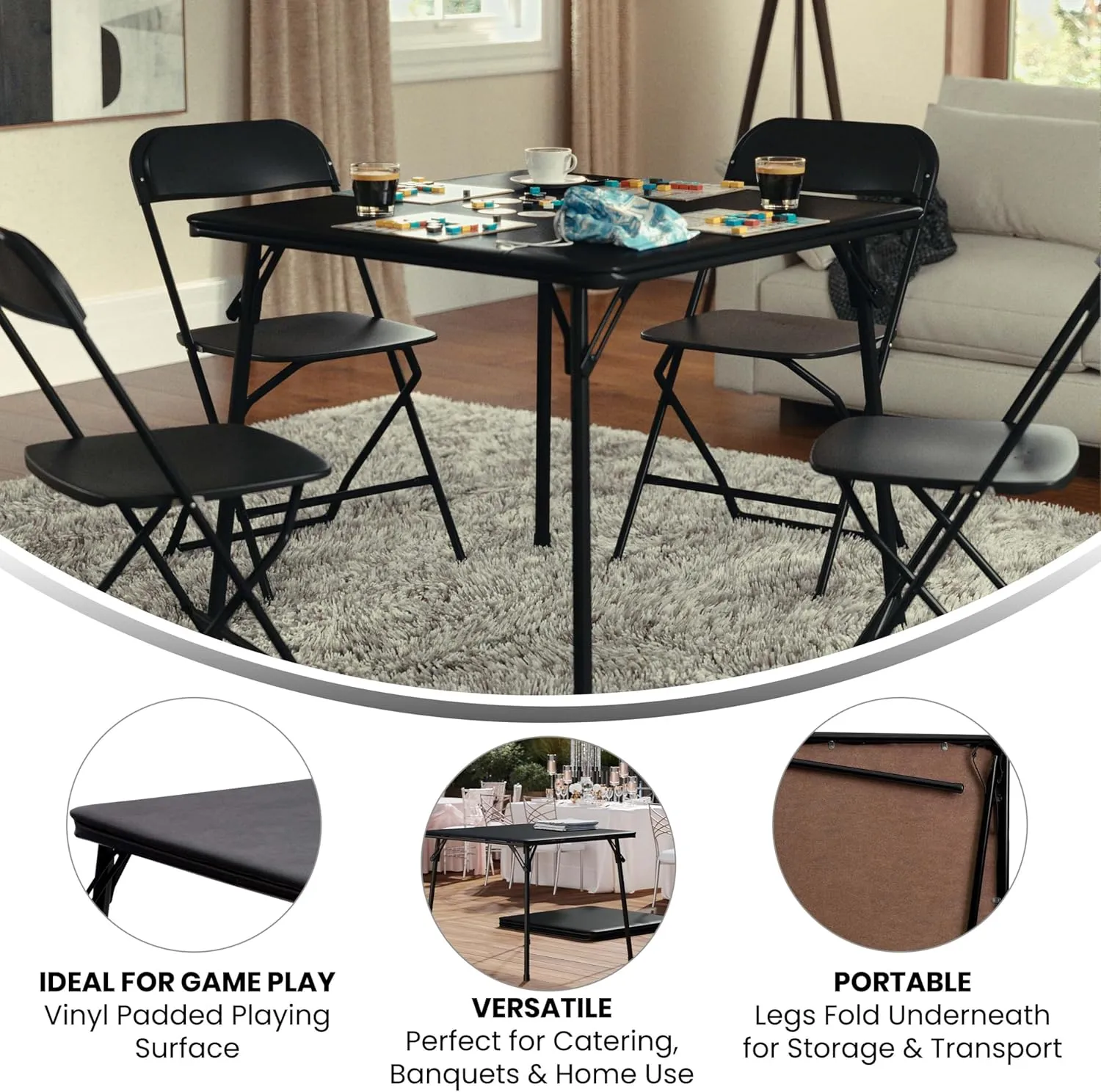 Flash Furniture Madelyn 33.5" Square Folding Multipurpose Card Table with Padded Vinyl Top, Portable Folding Game Table for 4 Players, Black