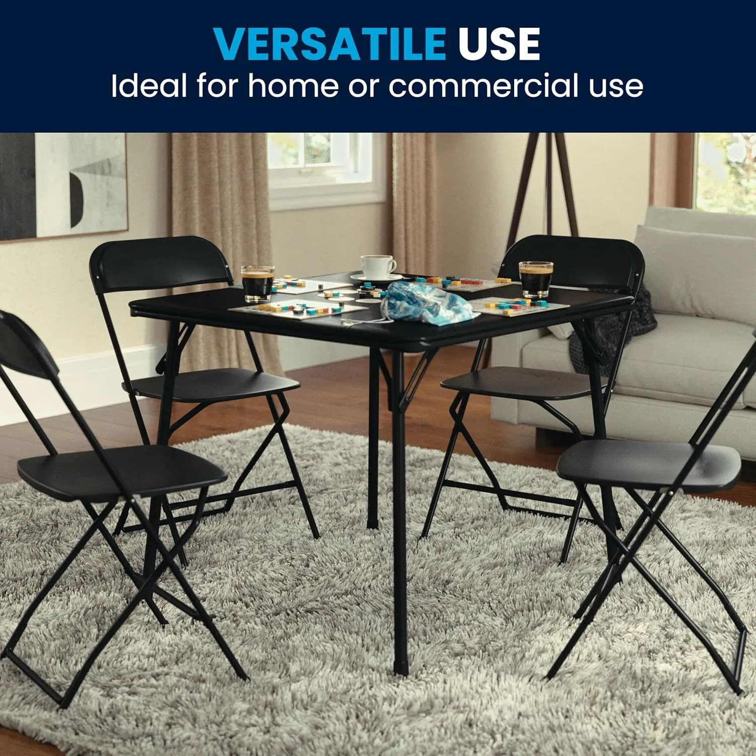 Flash Furniture Madelyn 33.5" Square Folding Multipurpose Card Table with Padded Vinyl Top, Portable Folding Game Table for 4 Players, Black