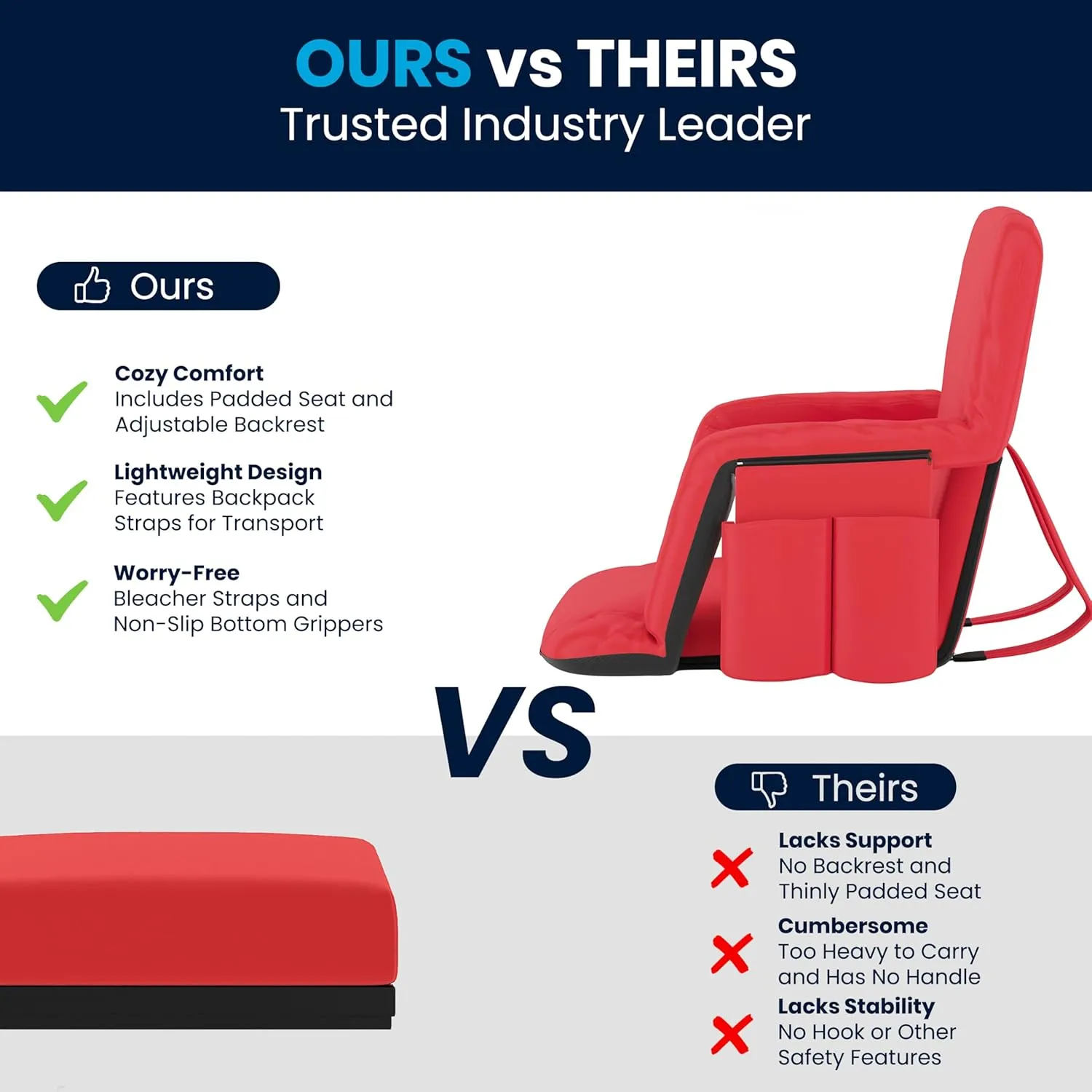 Flash Furniture Malta Portable Stadium Seats for Bleachers or Benches, Padded Stadium Chairs with Backpack Straps and Storage, Pack of 2, 265 lb. Weight Capacity, Red
