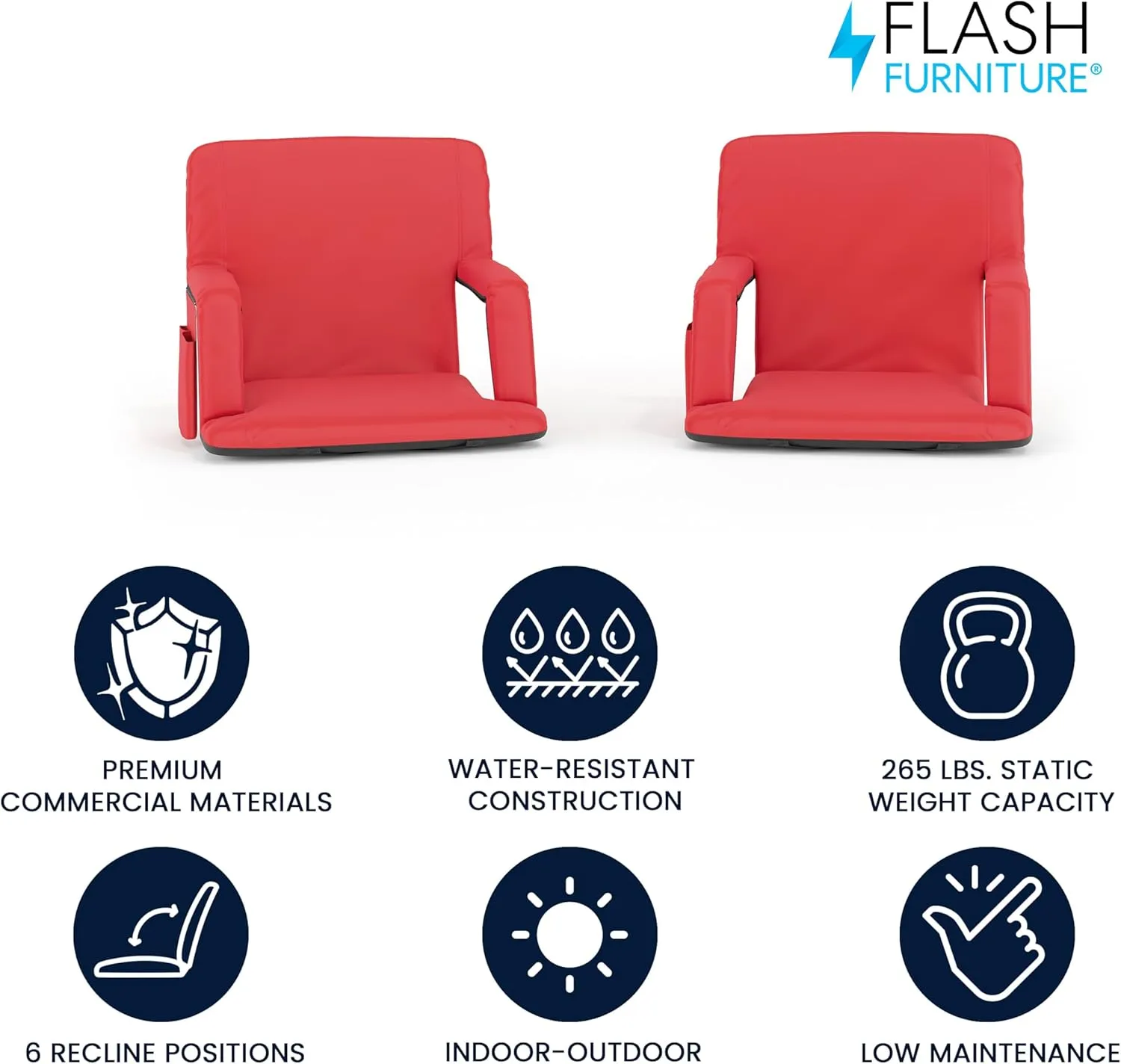 Flash Furniture Malta Portable Stadium Seats for Bleachers or Benches, Padded Stadium Chairs with Backpack Straps and Storage, Pack of 2, 265 lb. Weight Capacity, Red