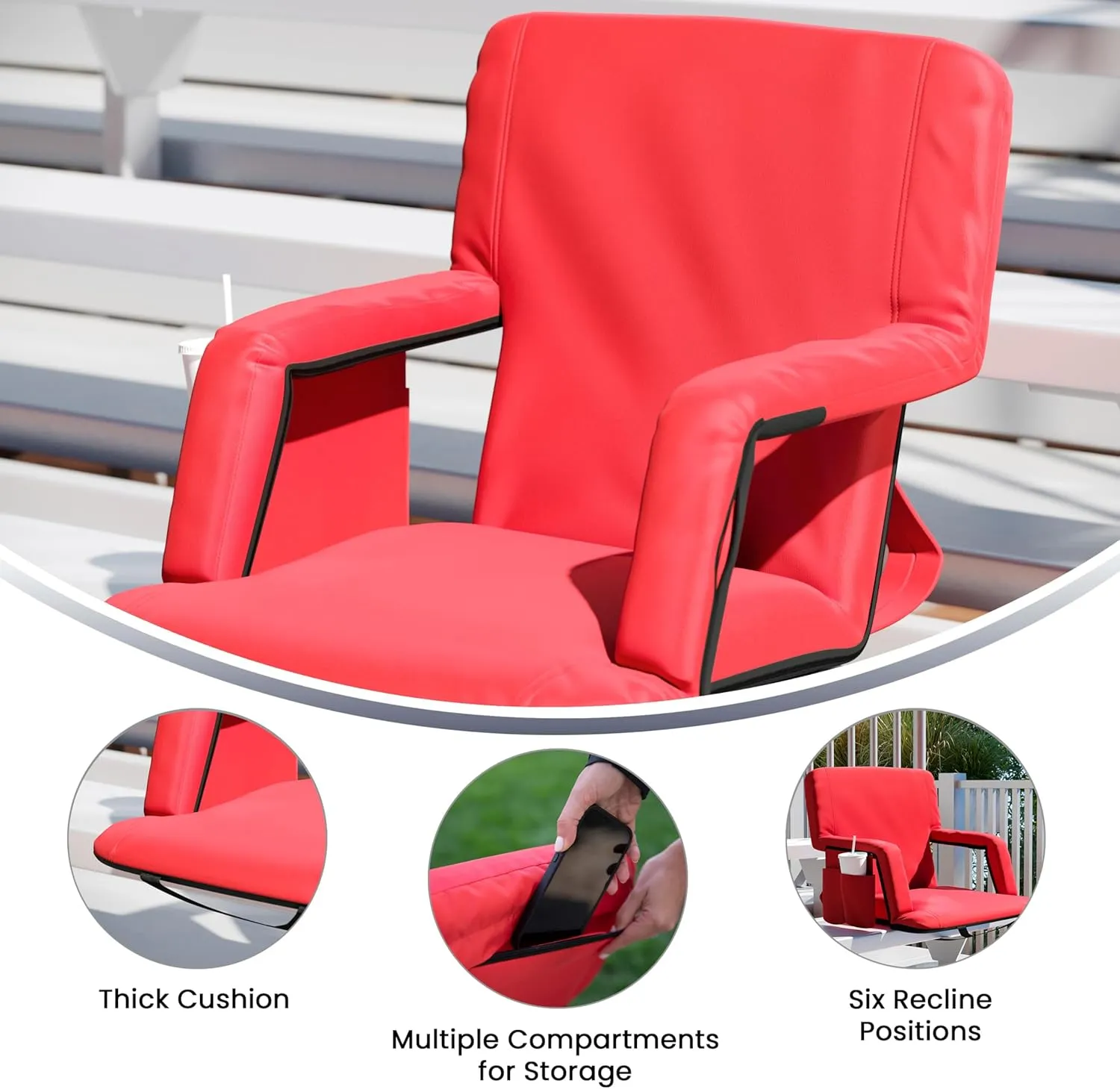 Flash Furniture Malta Portable Stadium Seats for Bleachers or Benches, Padded Stadium Chairs with Backpack Straps and Storage, Pack of 2, 265 lb. Weight Capacity, Red