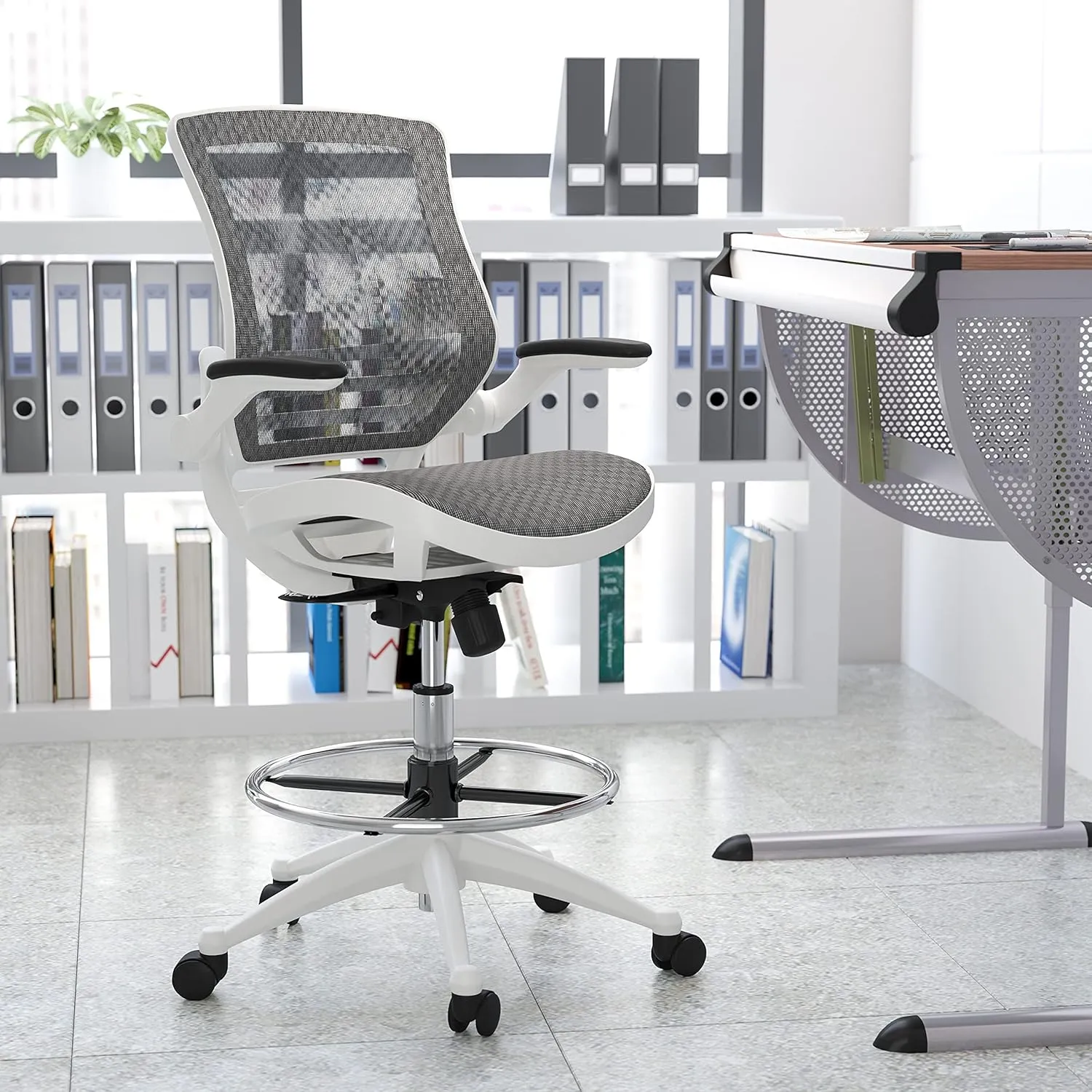 Flash Furniture Waylon Mid-Back Swivel Office Chair with Adjustable Foot Ring and Seat Height, Ergonomic Mesh Chair with Armrests, Gray/White