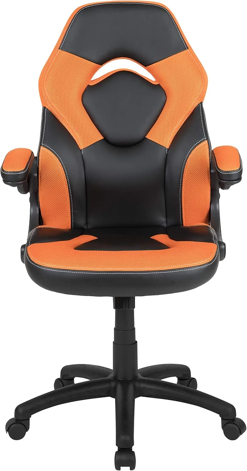 Flash Furniture X10 High-Back LeatherSoft Racing Style Gaming Chair with Flip-Up Arms, Ergonomic Padded Swivel Computer Chair, Orange/Black