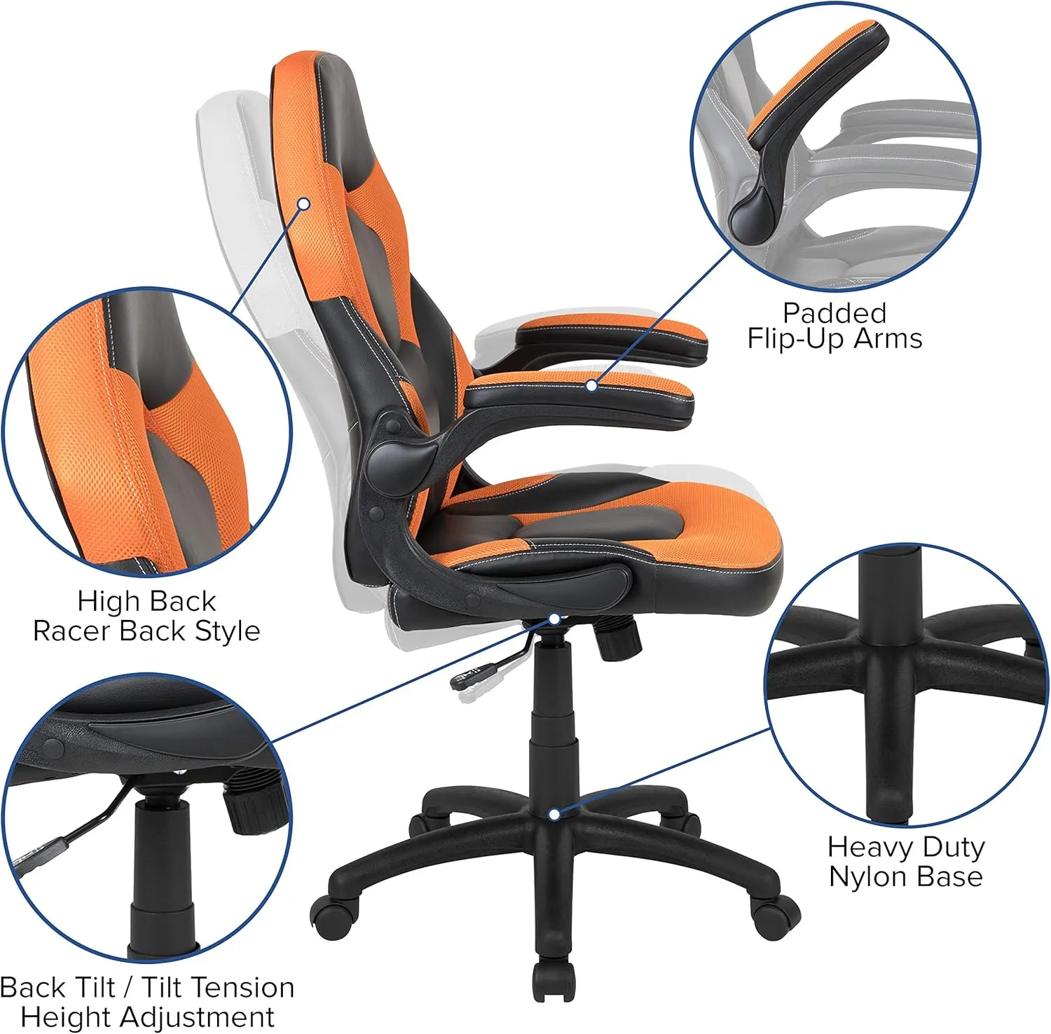 Flash Furniture X10 High-Back LeatherSoft Racing Style Gaming Chair with Flip-Up Arms, Ergonomic Padded Swivel Computer Chair, Orange/Black