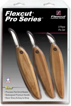 FLEXCUT Pro Series Wood Carving Tools - USA-Made Knife Set - 3-Pack Kit with 1" Chip, 1-3/8" Detail, 1-5/8" Carving, Ergonomic Knife Handles (FP200)