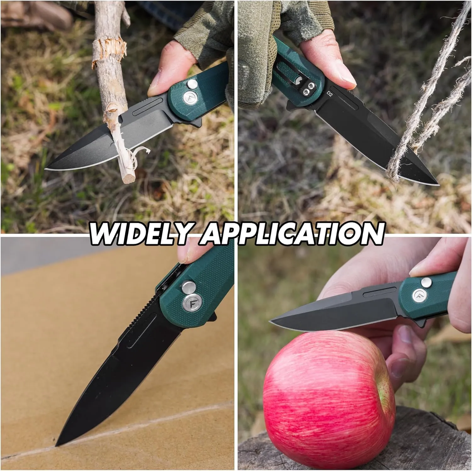 FLISSA Folding Pocket Knife, 4.5" G10 Handle EDC Knife with D2 Steel Blade, Button Lock and Pocket Clip, Tactical Knives for Men Women, Uesd for Outdoor, Survival, Hunting and Camping (Green)