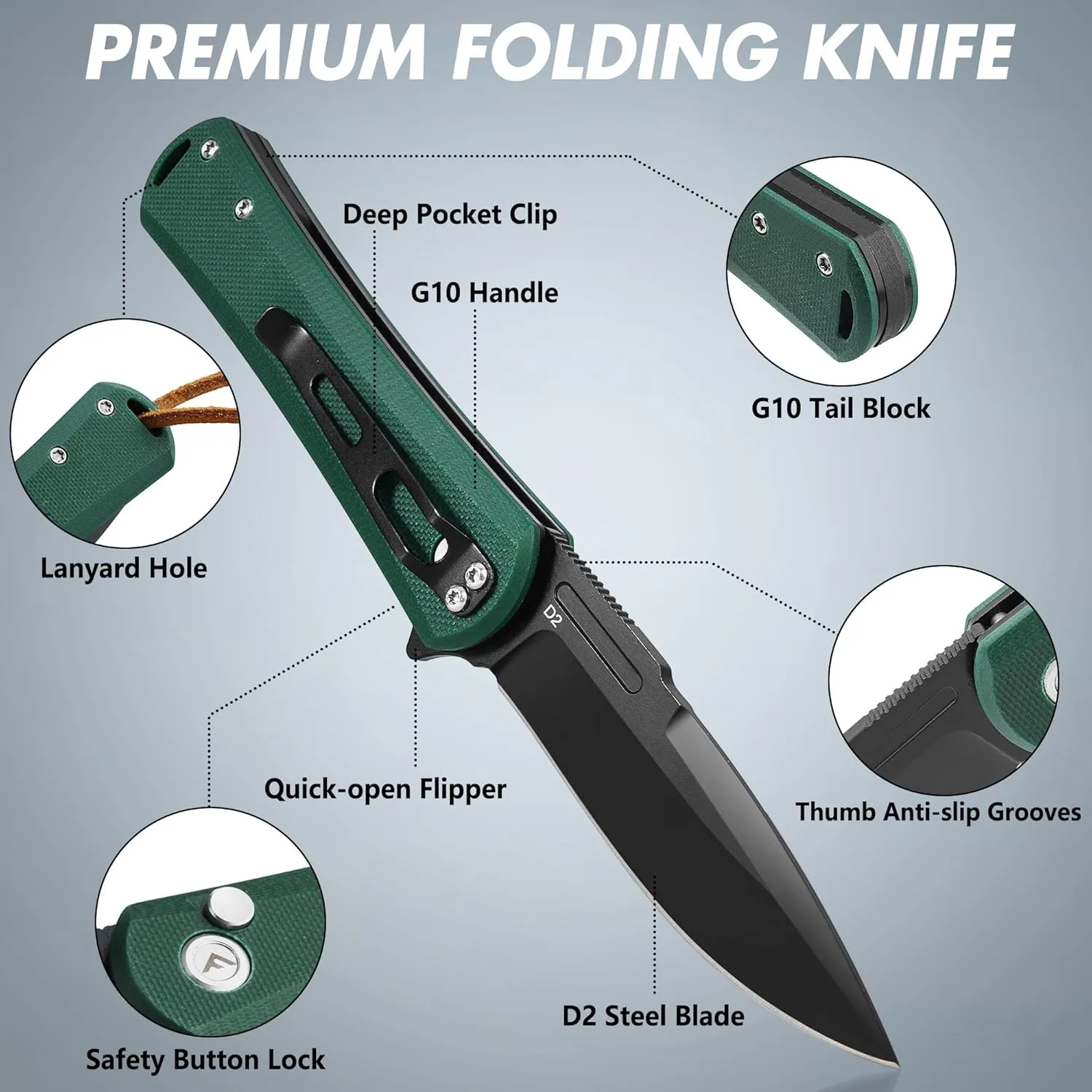 FLISSA Folding Pocket Knife, 4.5" G10 Handle EDC Knife with D2 Steel Blade, Button Lock and Pocket Clip, Tactical Knives for Men Women, Uesd for Outdoor, Survival, Hunting and Camping (Green)