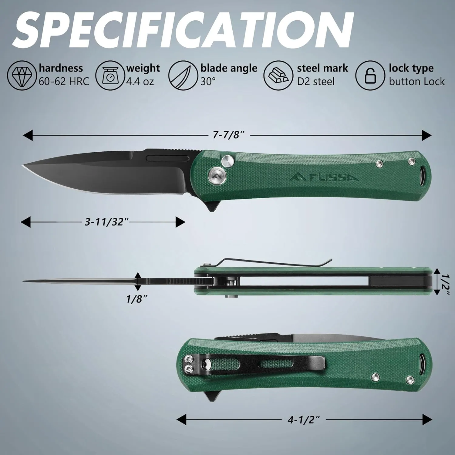 FLISSA Folding Pocket Knife, 4.5" G10 Handle EDC Knife with D2 Steel Blade, Button Lock and Pocket Clip, Tactical Knives for Men Women, Uesd for Outdoor, Survival, Hunting and Camping (Green)