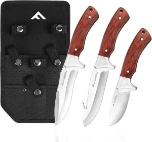 FLISSA Hunting Knife Set, 3PC Fixed Blade Knife, Full Tang Hunting Knife with Sheath, Hunting Survival Knives For Outdoor, Camping, Bushcraft, Fishing