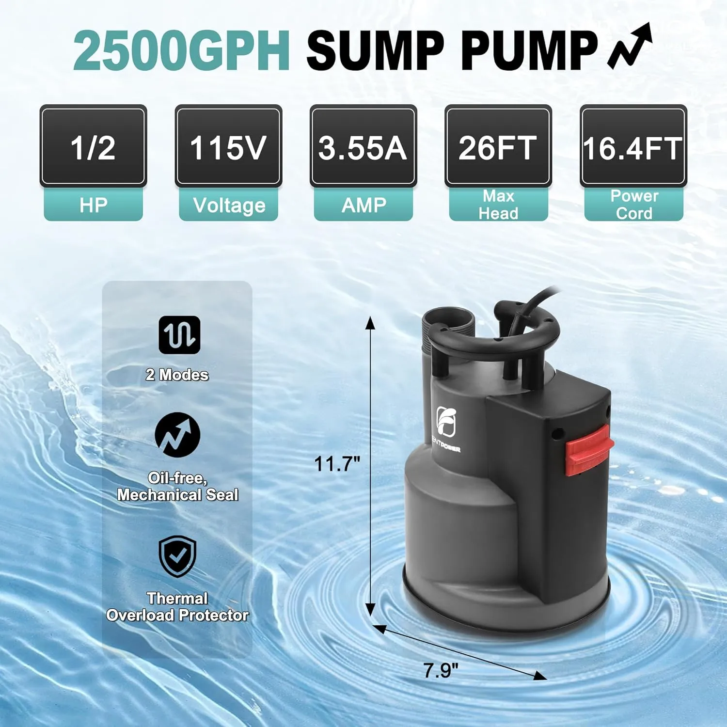 FLUENTPOWER 1/2HP Submersible Sump Pump 2500GPH Utility Water Pump, Auto/Manual Control by Integrated Float Switch, with 16.4 Ft Cord for Pool Tub Garden Pond Flooded Basement Draining