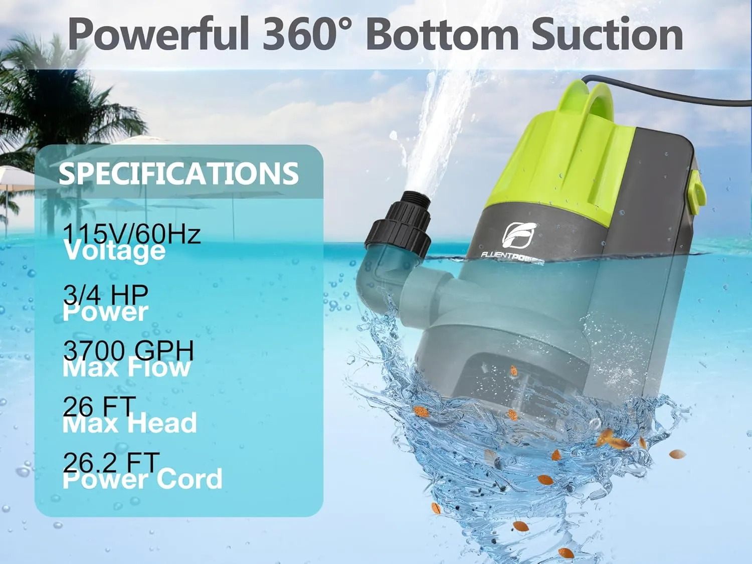 FLUENTPOWER 3/4HP Submersible Sump Pump, 3700GPH Utility Dirty Water Pump, Auto/Manual Control with 26.4 Ft Cord, Adapter, Check Valve and Rope for Basement Flood Cellar Pool Tub Garden Pond