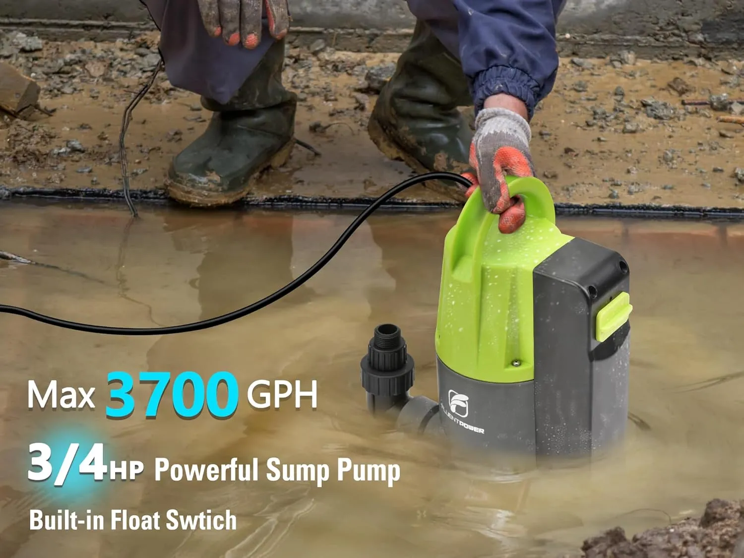 FLUENTPOWER 3/4HP Submersible Sump Pump, 3700GPH Utility Dirty Water Pump, Auto/Manual Control with 26.4 Ft Cord, Adapter, Check Valve and Rope for Basement Flood Cellar Pool Tub Garden Pond