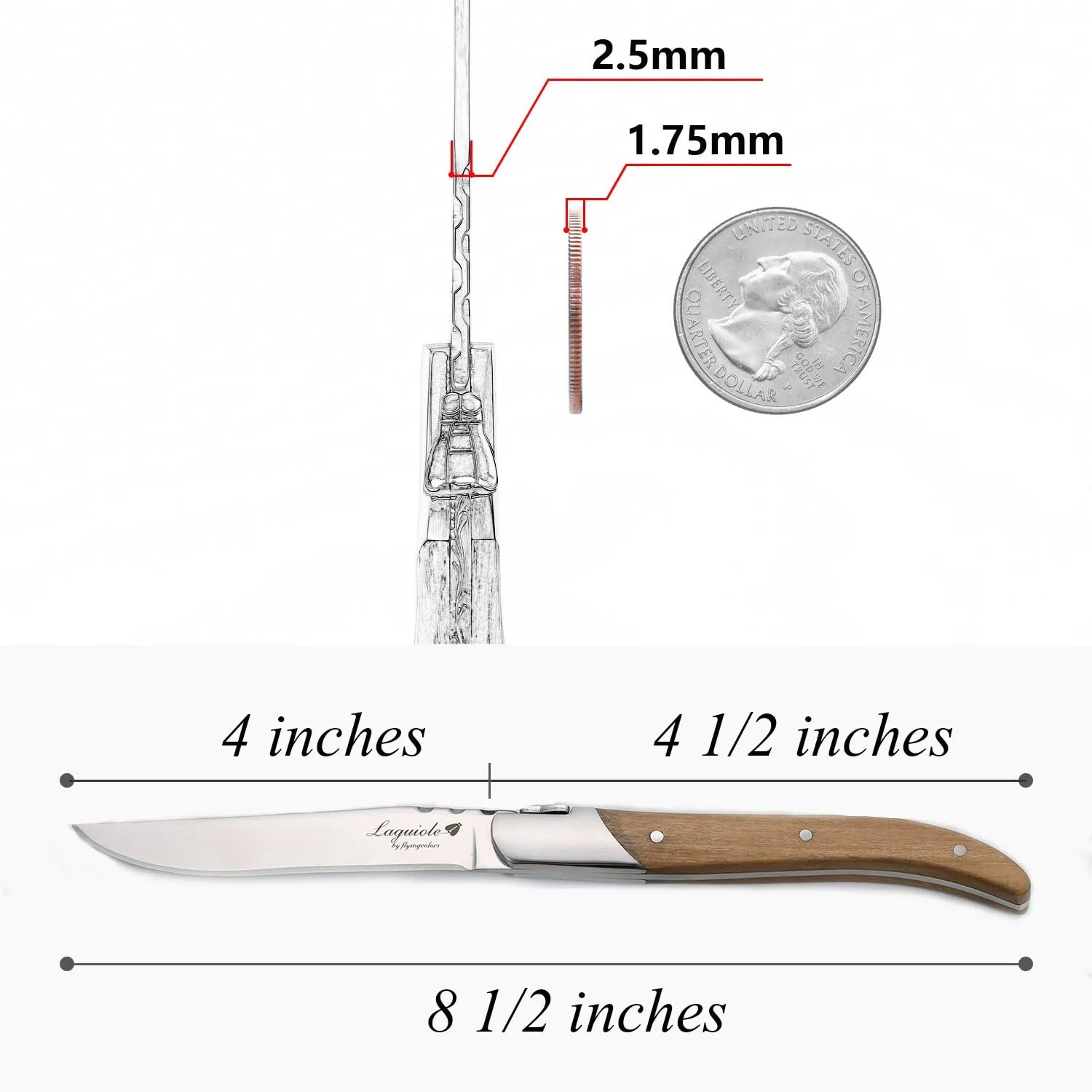 Flying Colors Laguiole Steak Knife Set. Stainless Steel, Olive Wood Handle, Gift Box, 6 Pieces