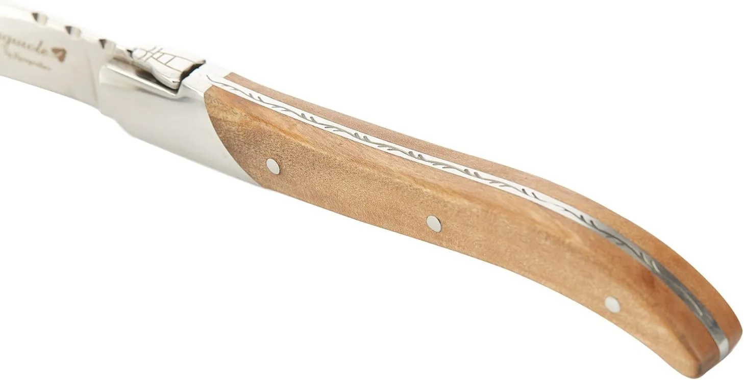 Flying Colors Laguiole Steak Knife Set. Stainless Steel, Olive Wood Handle, Gift Box, 6 Pieces