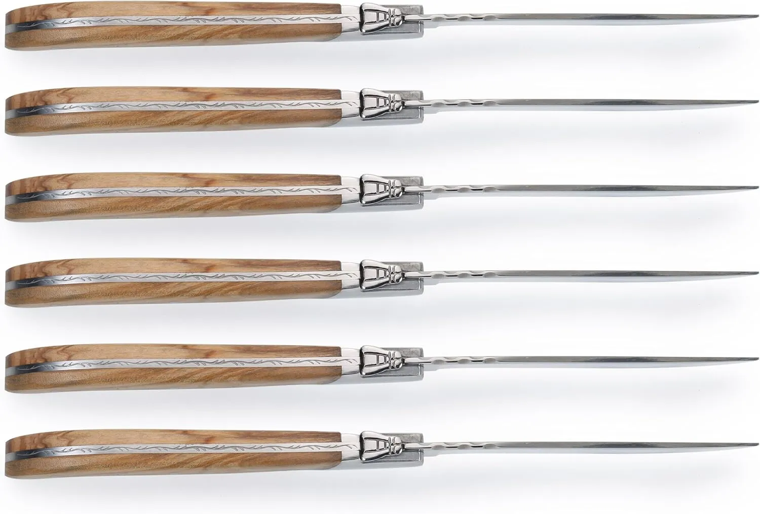 Flying Colors Laguiole Steak Knife Set. Stainless Steel, Olive Wood Handle, Gift Box, 6 Pieces