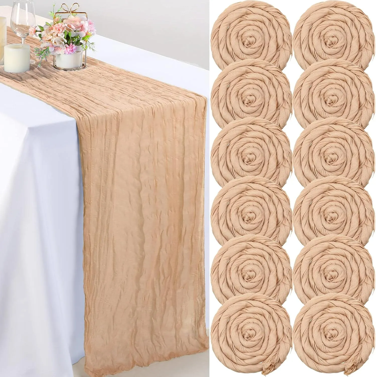 Foaincore 12 Pack Summer Cheesecloth Table Runner 13Ft Boho Gauze Table Runner Rustic 157" Long Cheese Cloth Romantic for Wedding Bridal Baby Shower Arbor Decor(Champagne)