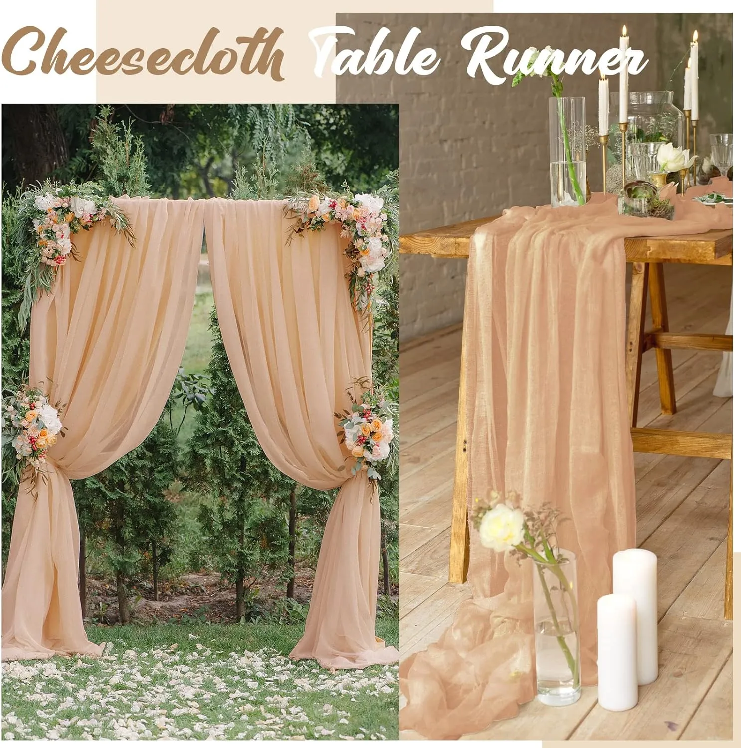 Foaincore 12 Pack Summer Cheesecloth Table Runner 13Ft Boho Gauze Table Runner Rustic 157" Long Cheese Cloth Romantic for Wedding Bridal Baby Shower Arbor Decor(Champagne)