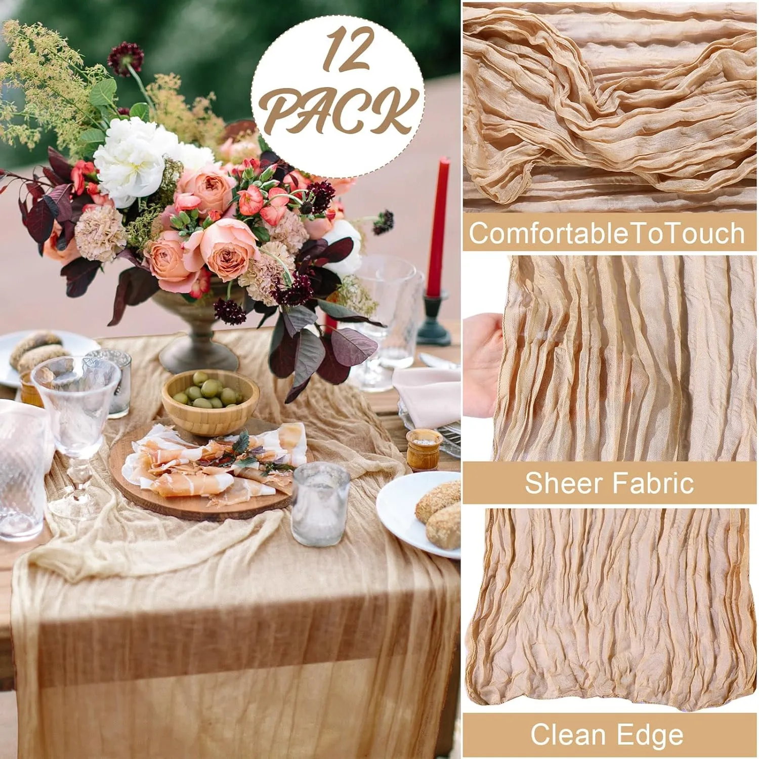 Foaincore 12 Pack Summer Cheesecloth Table Runner 13Ft Boho Gauze Table Runner Rustic 157" Long Cheese Cloth Romantic for Wedding Bridal Baby Shower Arbor Decor(Champagne)