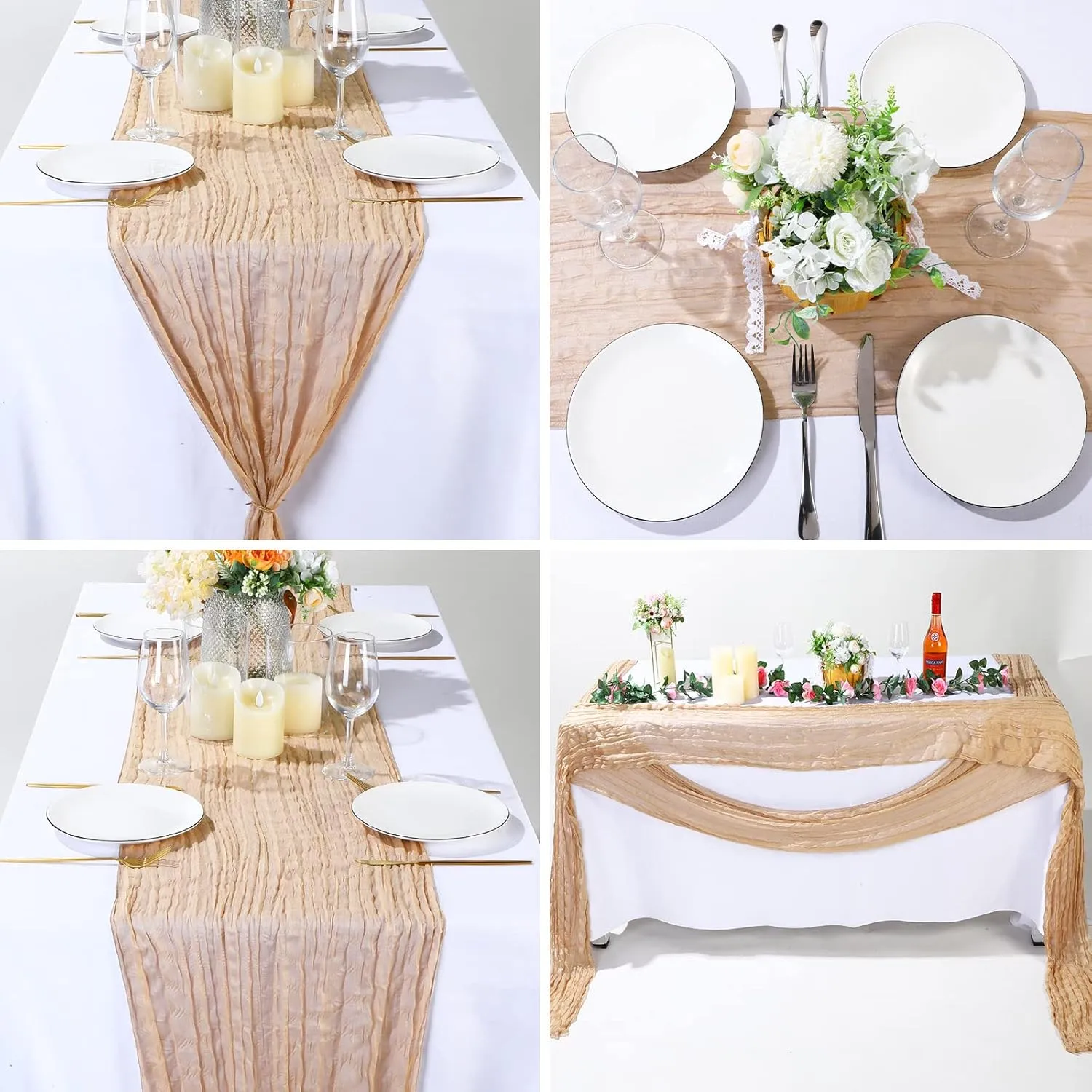 Foaincore 12 Pack Summer Cheesecloth Table Runner 13Ft Boho Gauze Table Runner Rustic 157" Long Cheese Cloth Romantic for Wedding Bridal Baby Shower Arbor Decor(Champagne)