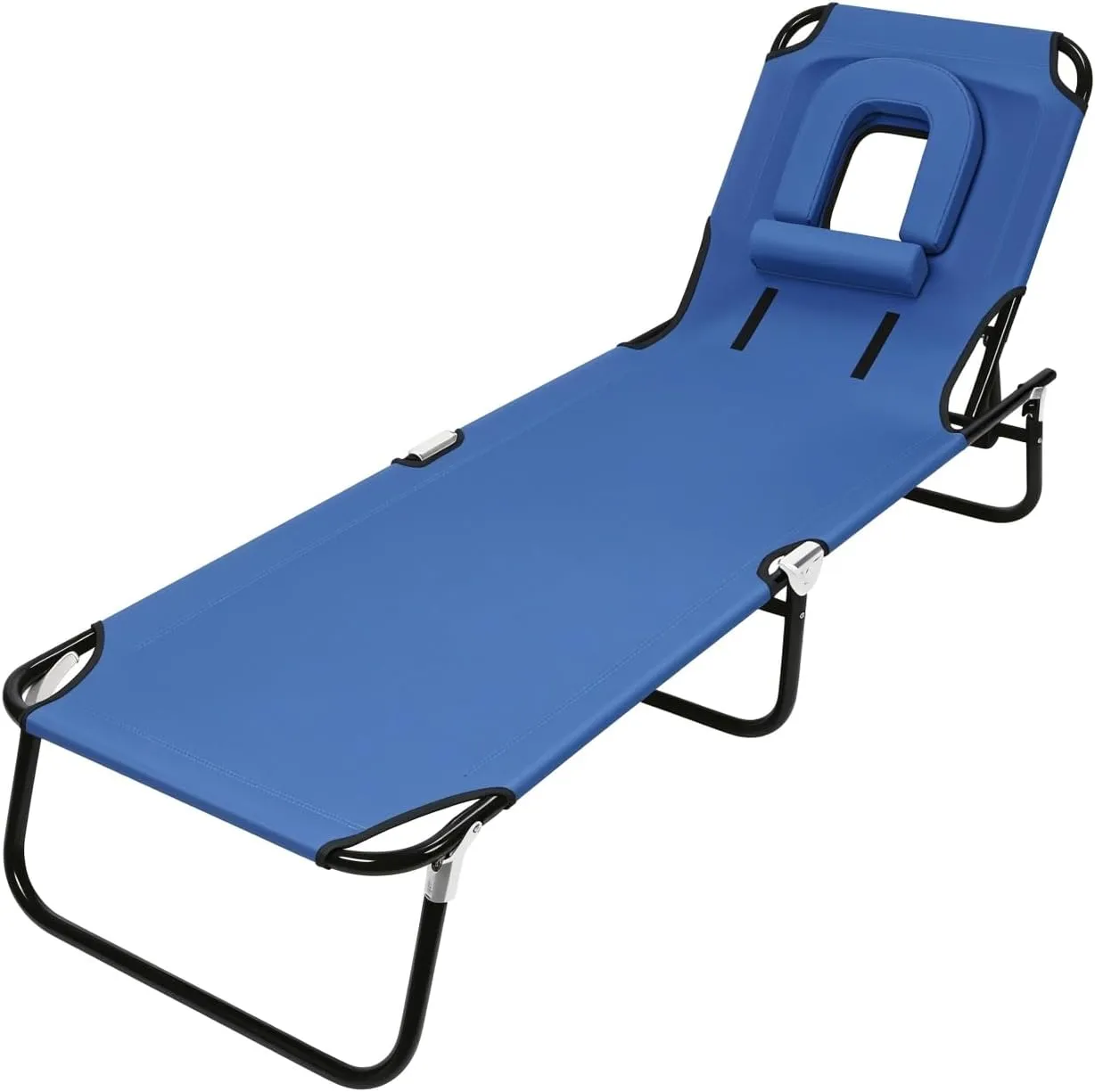 Foldable Camping Cot, Reclining Folding Chaise for Indoor Outdoor Travel Heavy Duty Summer Lounger Chair with Face Hole Height Adjustable, Sunbathing Chair for Patio, Poolside, Lawn, Beach