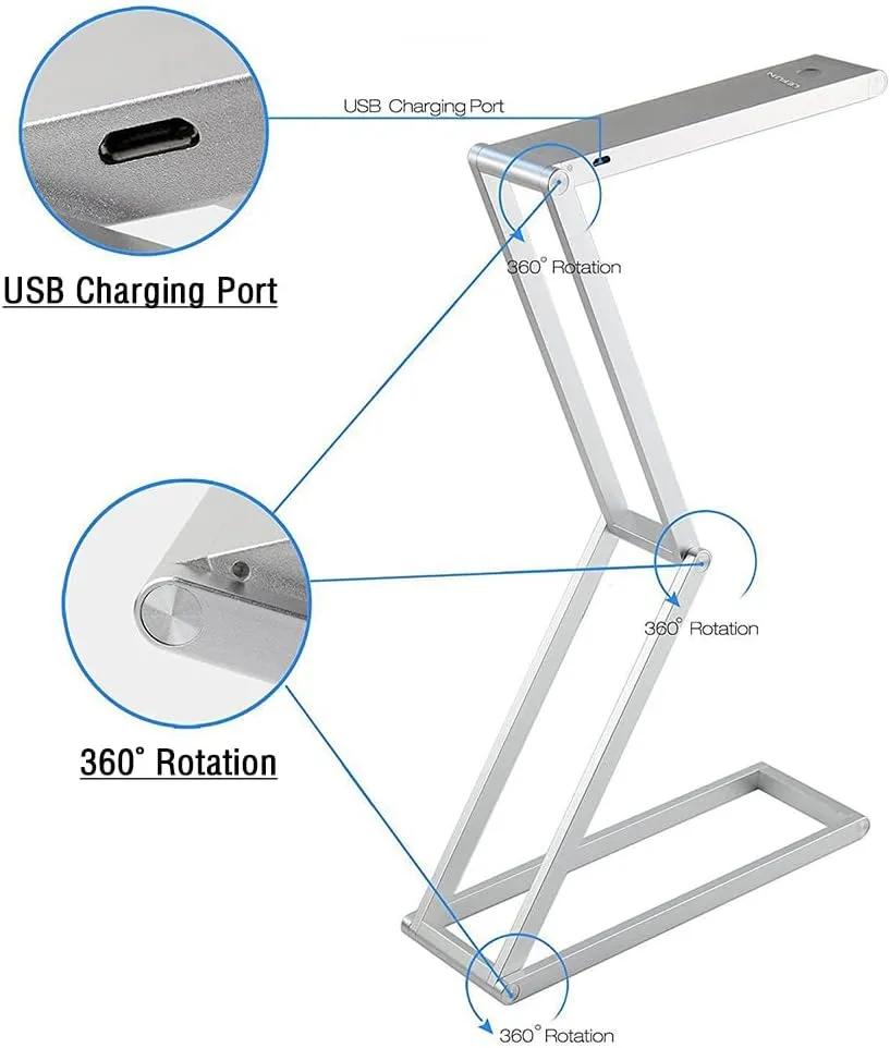 Foldable LED Desk Light, Slim Portable Rechargeable USB Table Light, Eye-Caring Aluminium Alloy Table Lamps,for Home, Reading, Studying, Work, Travel (Silver)